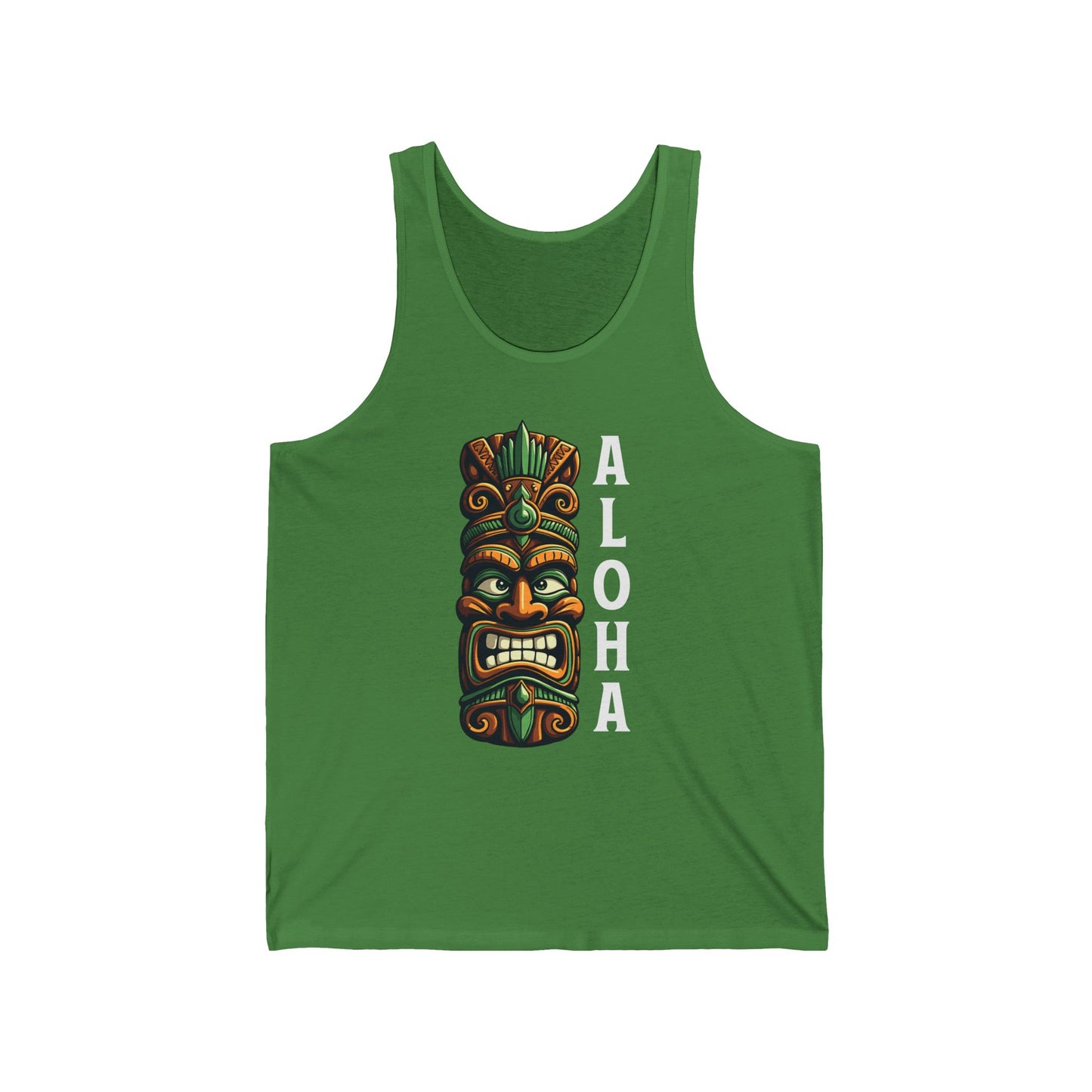 The Aloha Tiki Tank Top - Unisex Jersey Tank features a colorful tiki mask and bold ALOHA lettering, capturing true tropical vibes with its vibrant Hawaiian design.