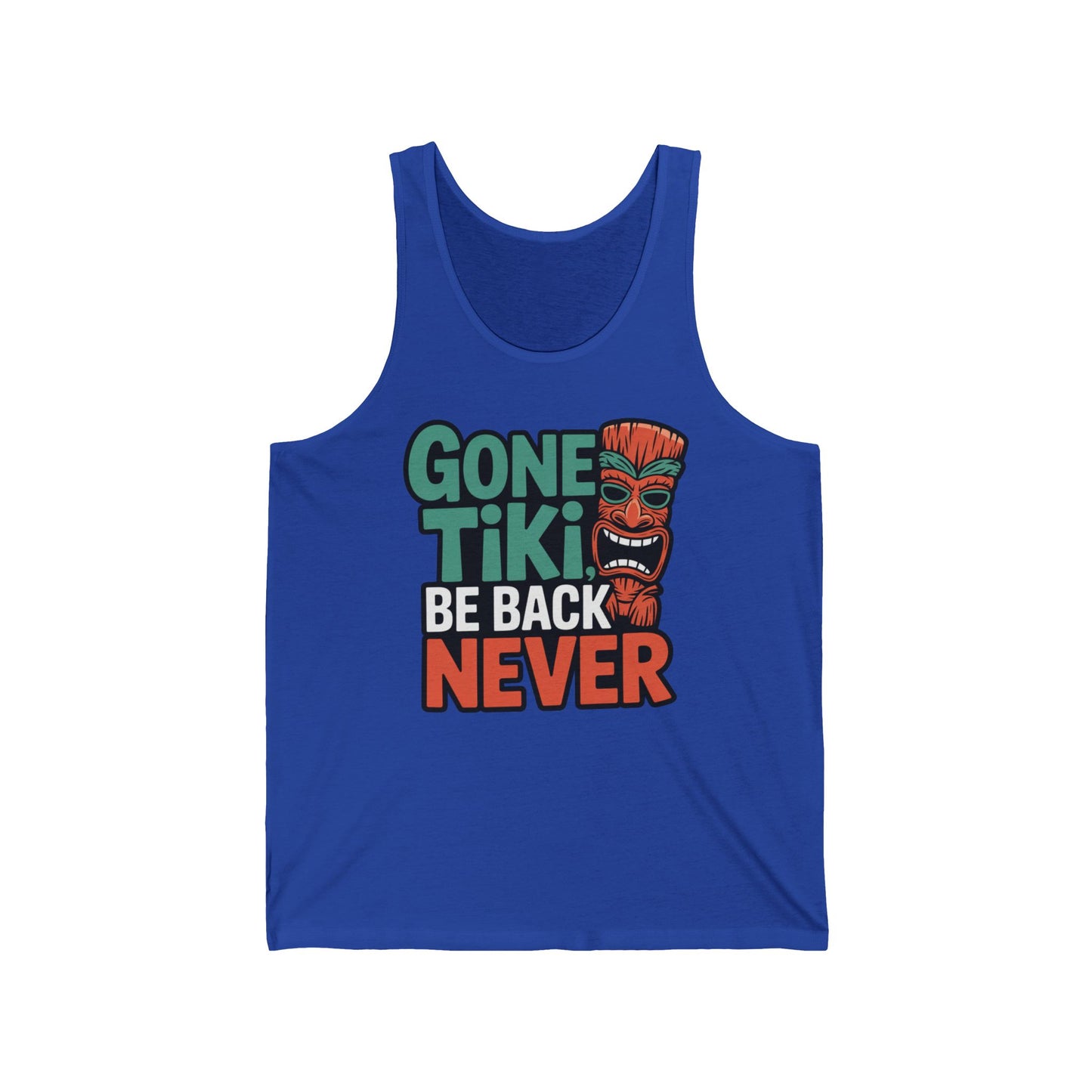 The Gone Tiki Unisex Jersey Tank features the phrase Gone Tiki Be Back Never in green, white, and orange with an orange tiki mask—ideal for beach or pool lovers wanting a tropical summer vacation vibe.
