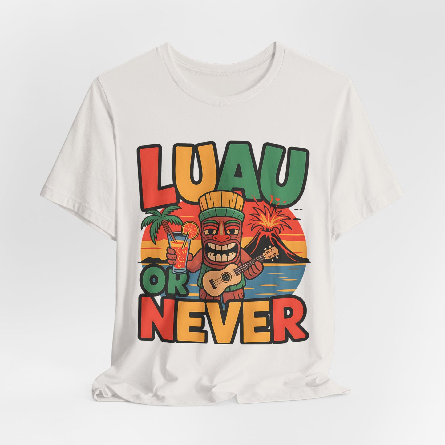 The Tropical Luau Short Sleeve Tiki T-Shirt features a vibrant cartoon tiki holding a drink and ukulele with sunset, palm tree, and fireworks backdrop, plus bold LUAU OR NEVER text—perfect for showing your tropical vibes at any summer celebration!.