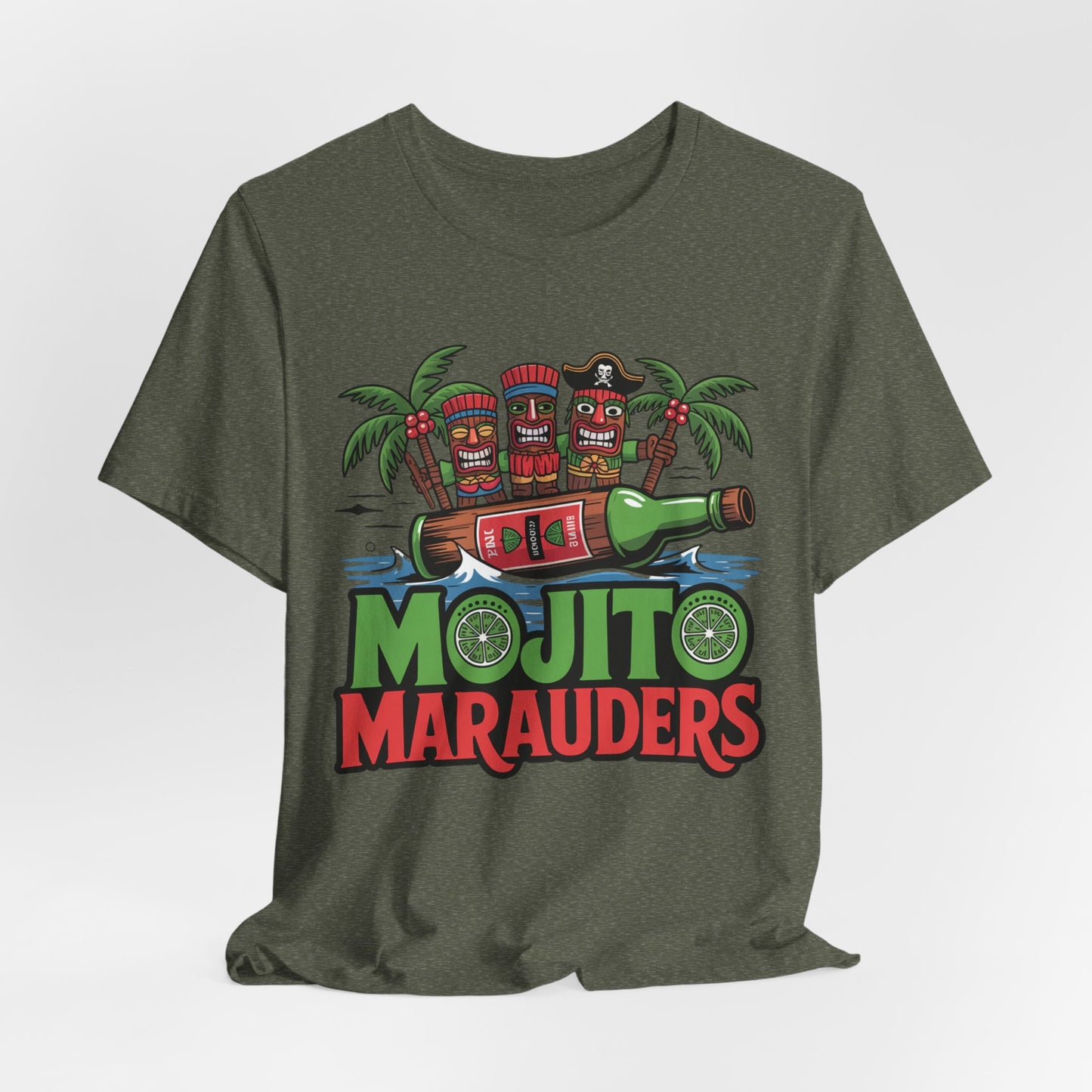 The Mojito Marauders Tiki T-Shirt is a unisex jersey with three tiki mugs on a floating mojito bottle, palm trees, lime slices, and bold MOJITO MARAUDERS text—ideal for summer parties and tropical vibes.