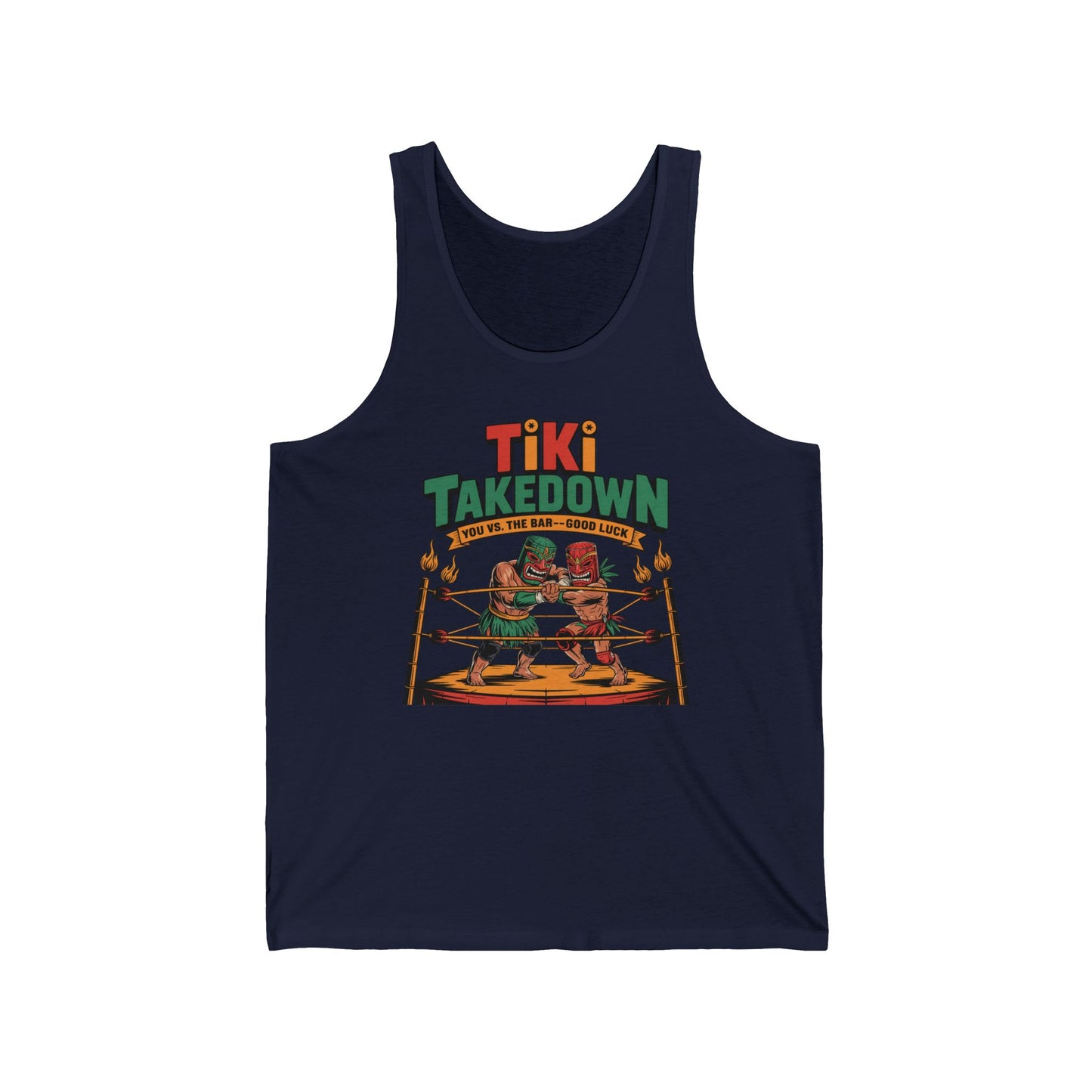 The Tiki Takedown Unisex Jersey Tank showcases two tiki figures boxing in a ring with flaming torches and the text You vs. The Bad Good Luck. This fun summer tank top is perfect for parties and celebrations.