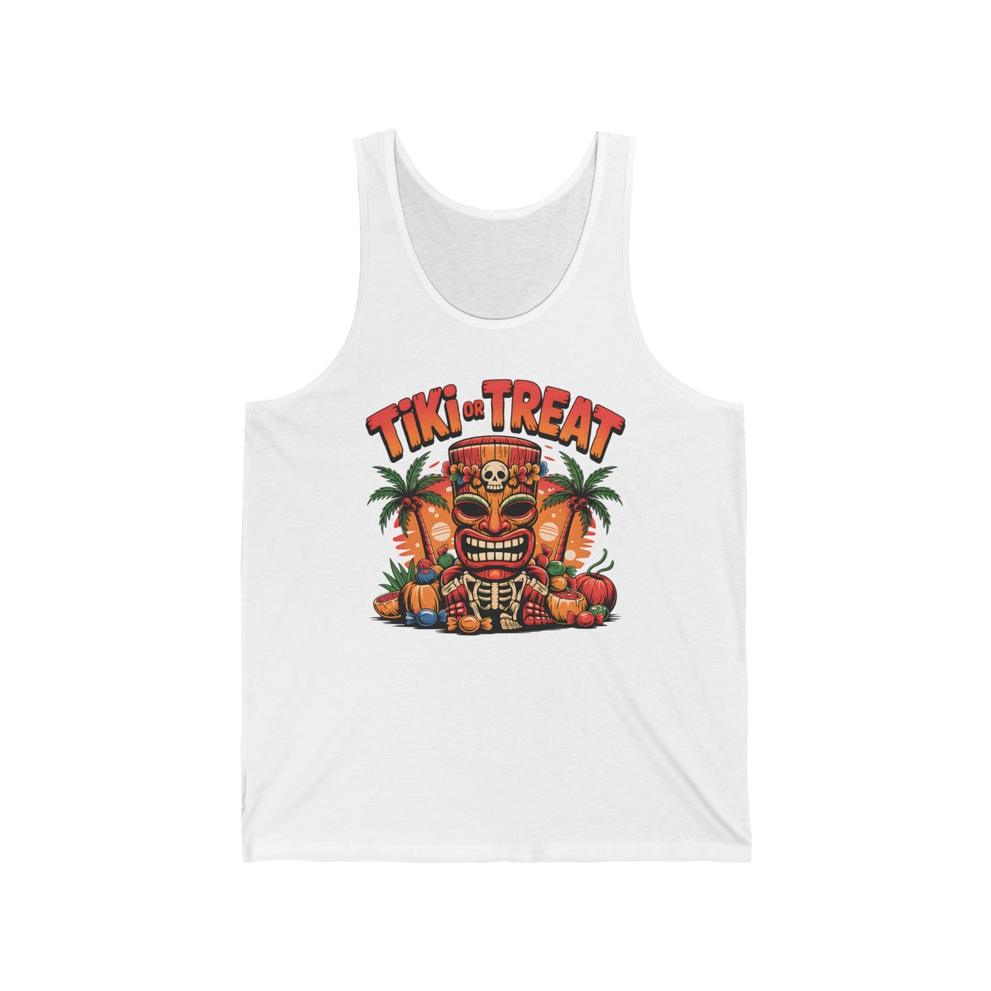 The Tiki Treat Unisex Jersey Tiki Tank Top features a vibrant tiki mask with pumpkins, skulls, candy, palm trees, and bold Tiki or Treat text—making it the perfect fun Halloween tee for parties and summer celebrations.