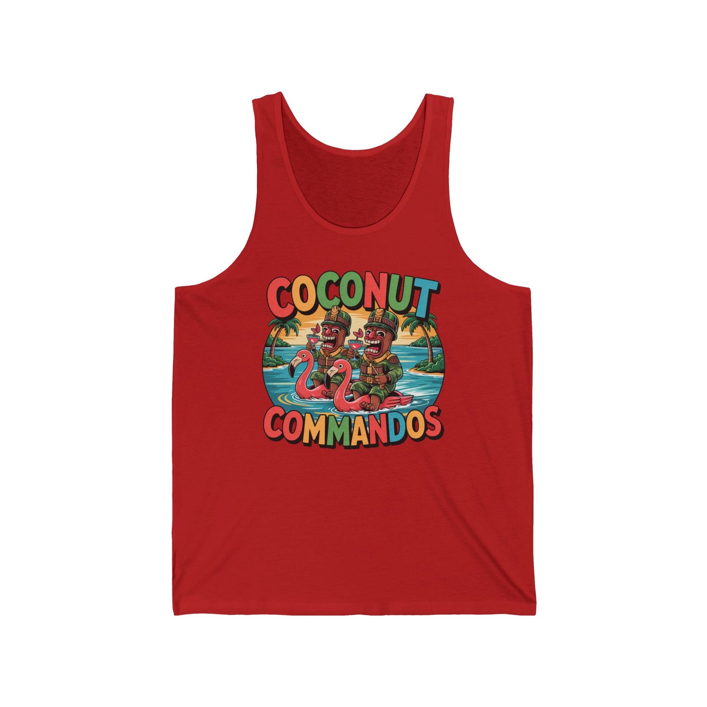 The Coconut Commandos Unisex Jersey Tiki Tank Top in red features two cartoon coconuts in military gear on a tropical beach with palm trees, water, and flamingos. Coconut Commandos is printed above and below—perfect for summer fun!.
