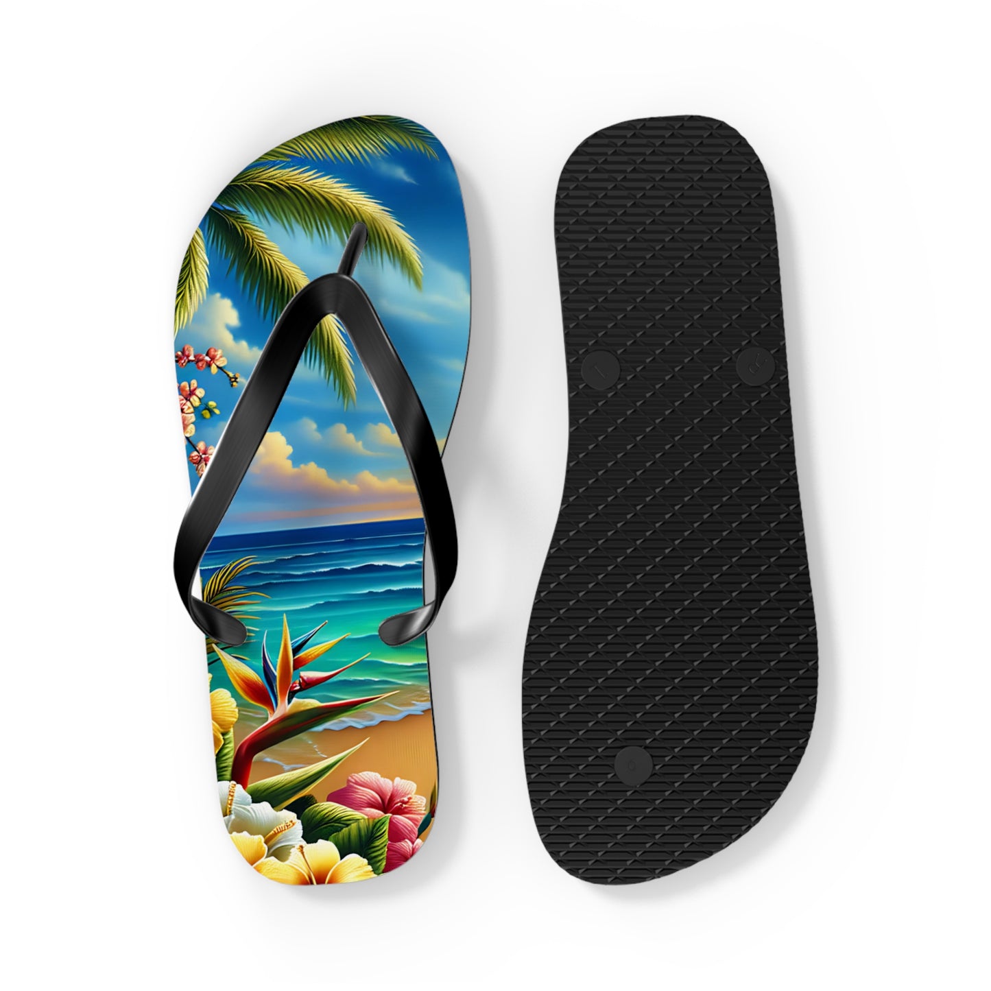 Tropical Paradise Flip Flops - Beach Vibe Sandals with Palm Trees & Ocean Scene