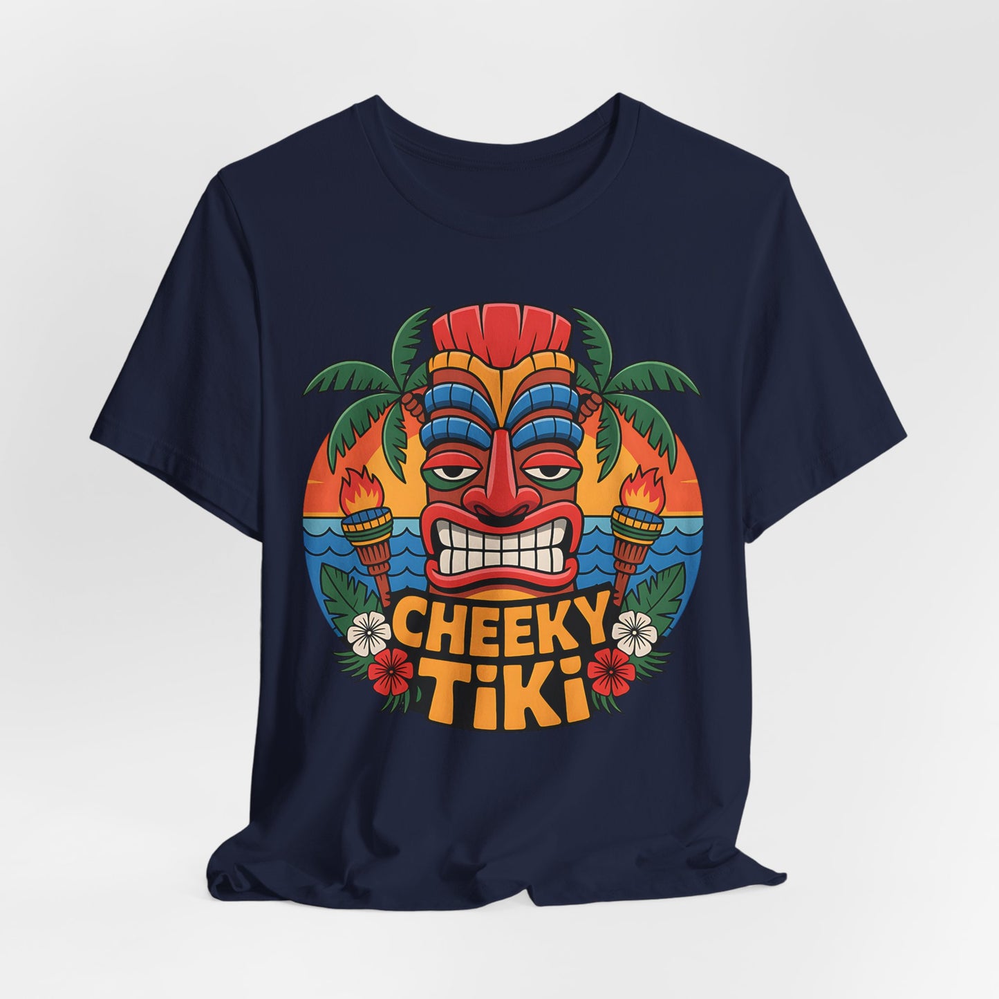 Navy blue t-shirt with a colorful Tiki design and 'Cheeky Tiki' text on a white background
