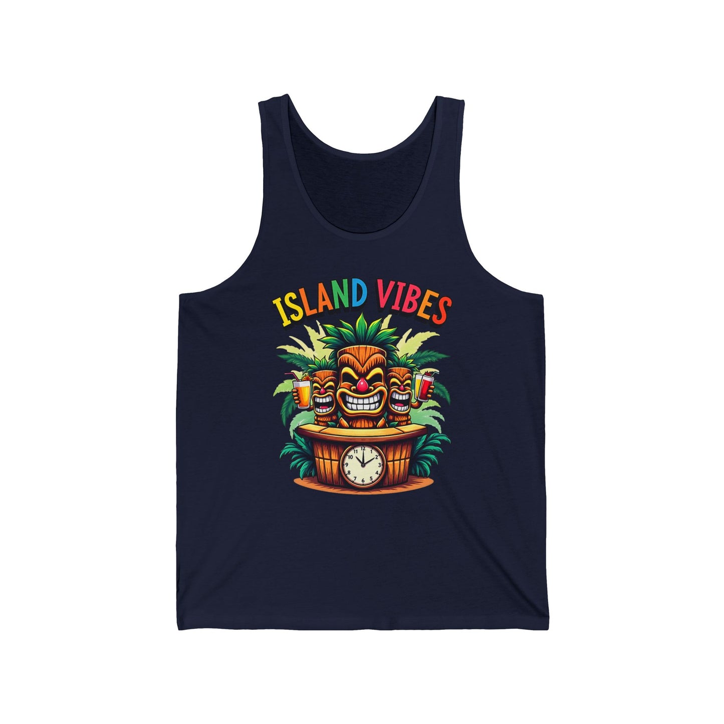 The Island Vibes Unisex Jersey Tiki Tank Top features a navy blue base with vibrant tiki masks, tropical drinks, palm leaves, and rainbow ISLAND VIBES text—finished with a wooden bar and clock. Ideal for summer parties or beach days.