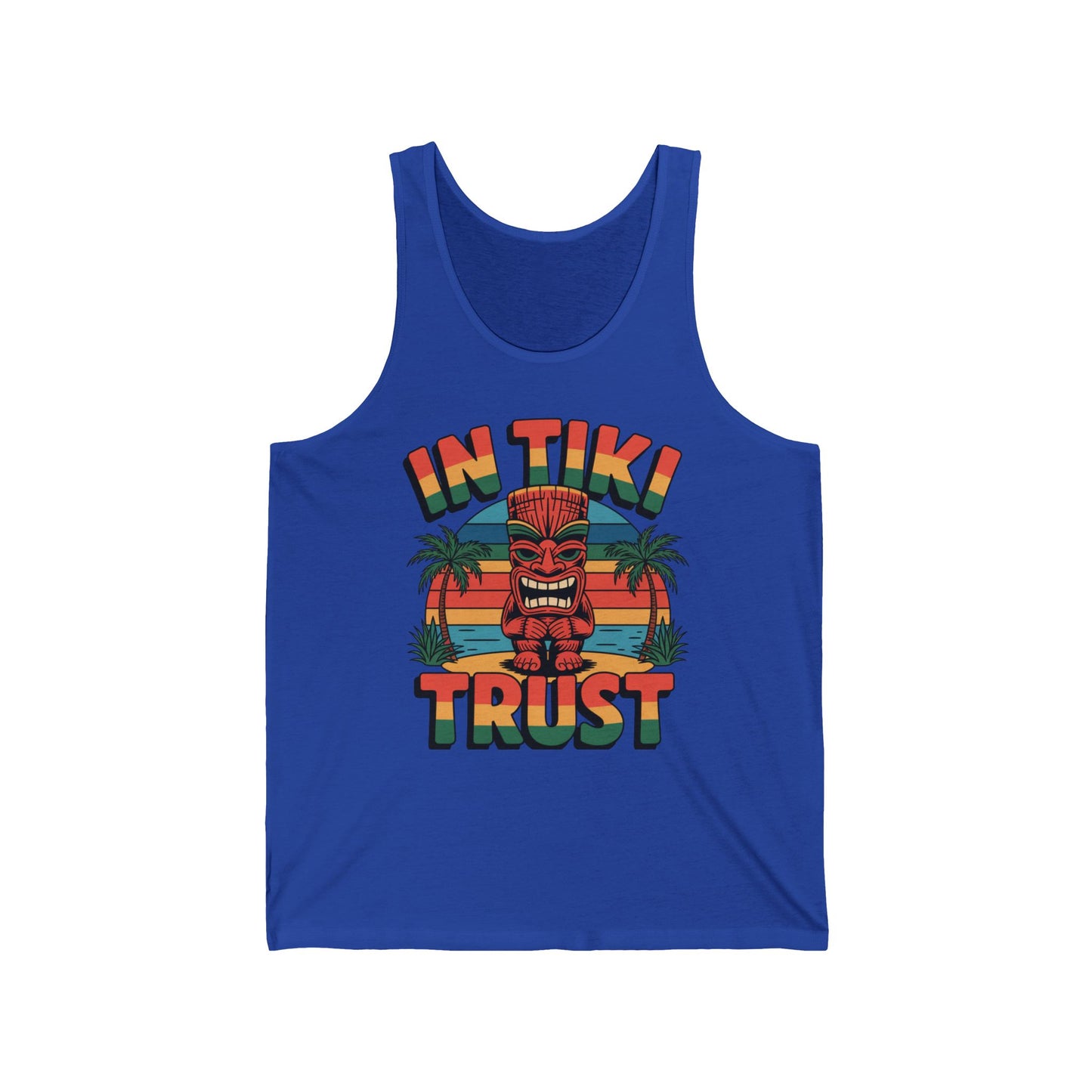 The Tiki Trust Tank is a blue tank top with a vibrant tiki statue, palm trees, and sunset design. IN TIKI TRUST appears in bold text above and below the statue—perfect for beach days.