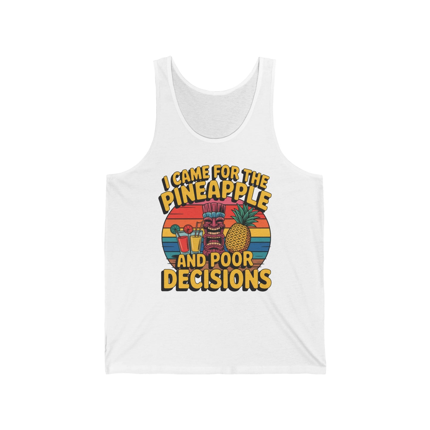 The I Came for the Pineapple Tank Top – Fun Unisex Jersey with Tropical Vibe features a colorful graphic of drinks, pineapple, palm trees, and sunset with bold yellow text—perfect for summer adventures and laid-back style.