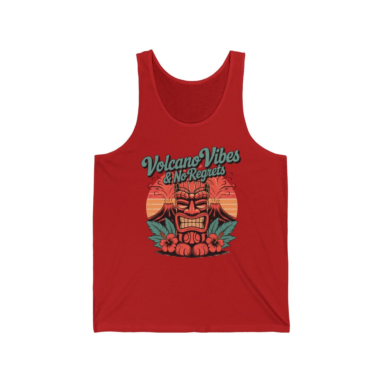 The Volcano Vibes Unisex Jersey Tiki Tank Top features lightweight fabric and a vibrant tiki face graphic with flowers, leaves, and sunset hues. Bold Volcano Vibes & No Regrets lettering adds a tropical summer style flair.