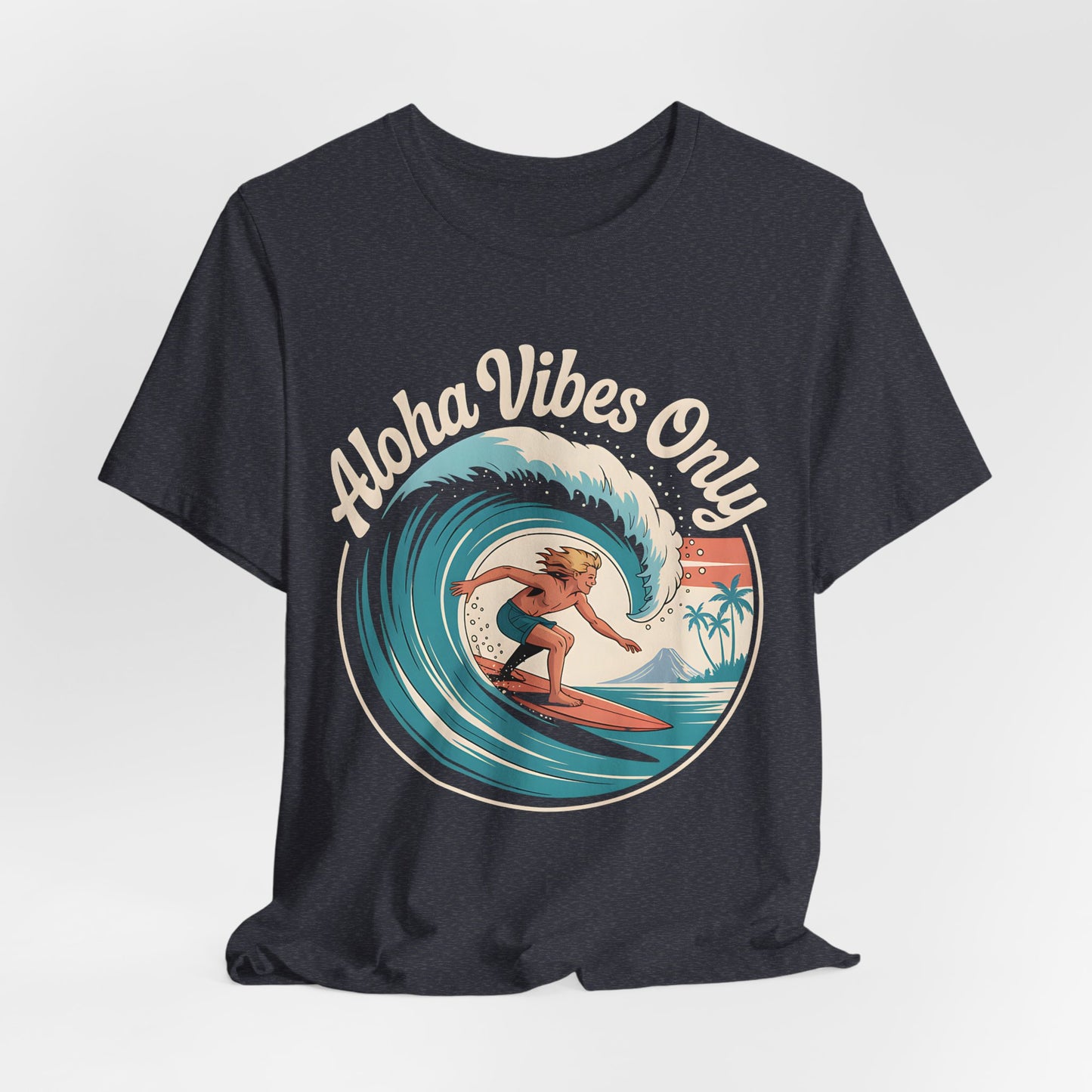 The Aloha Vibes Only Surf T-Shirt is a black unisex jersey tee with a retro surfer, palm trees, sunset, and “Aloha Vibes Only” design—ideal for beach lovers and surf culture fans.