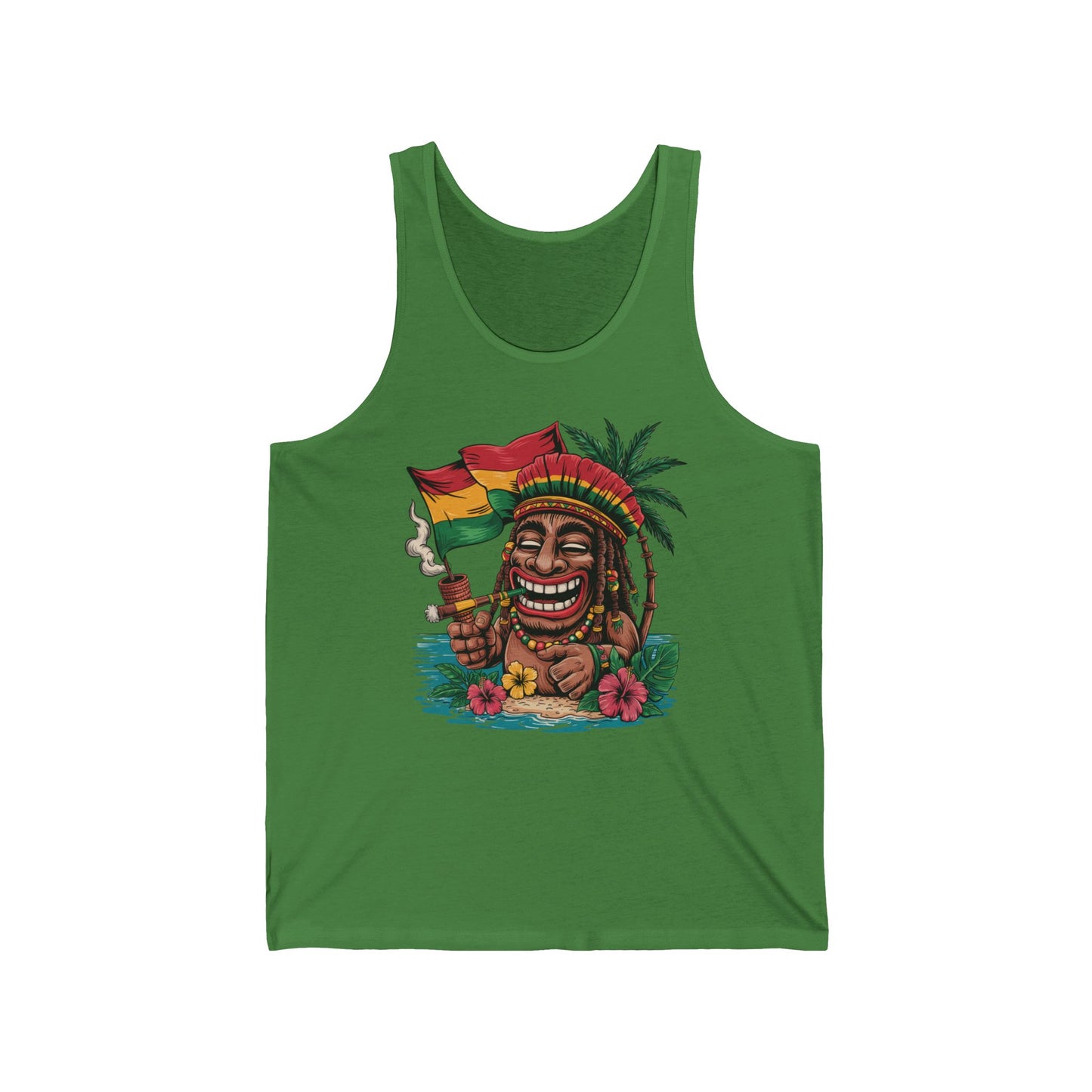 The Rasta Vibes Unisex Jersey Tiki Tank Top features a colorful cartoon with dreadlocks, joint, flag, palm trees, and tropical flowers—perfect for relaxed summer vibes and a carefree lifestyle.