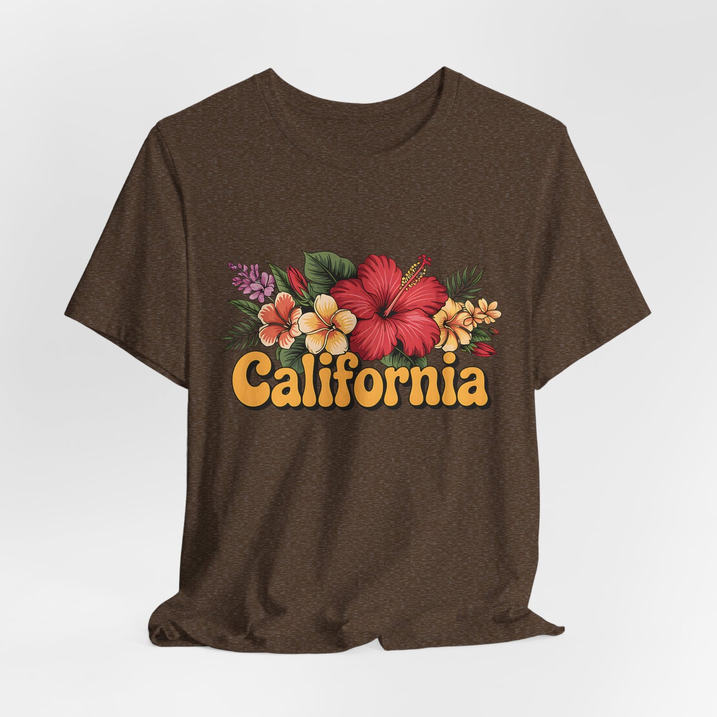 The California Floral Graphic T-Shirt Summer Vibes Unisex T-Shirt showcases a vibrant floral print above bold yellow California lettering, delivering comfort and retro style for any occasion.