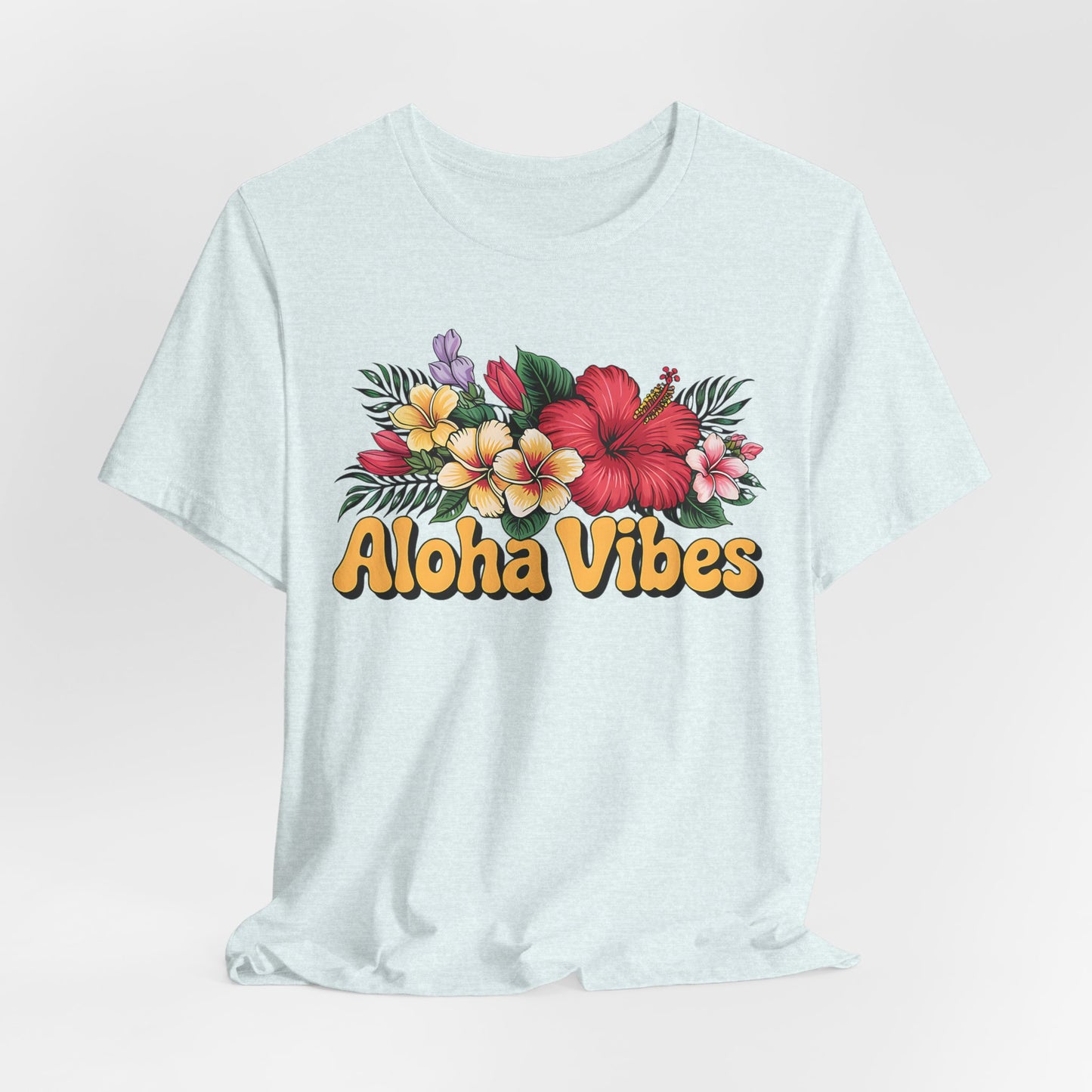 The Aloha Vibes Floral Unisex T-Shirt for Island Vibes features a vibrant hibiscus and plumeria design above bold yellow Aloha Vibes text, made from breathable fabric for comfortable, all-day wear.