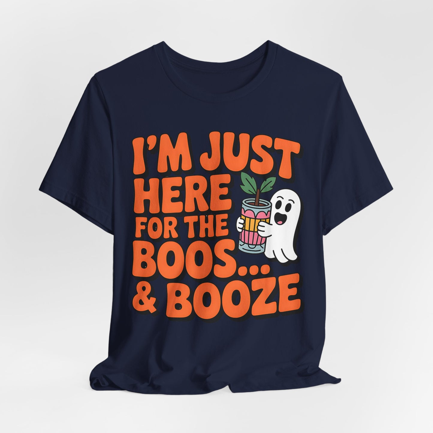 Navy blue t-shirt with Halloween-themed text and graphic on a white background