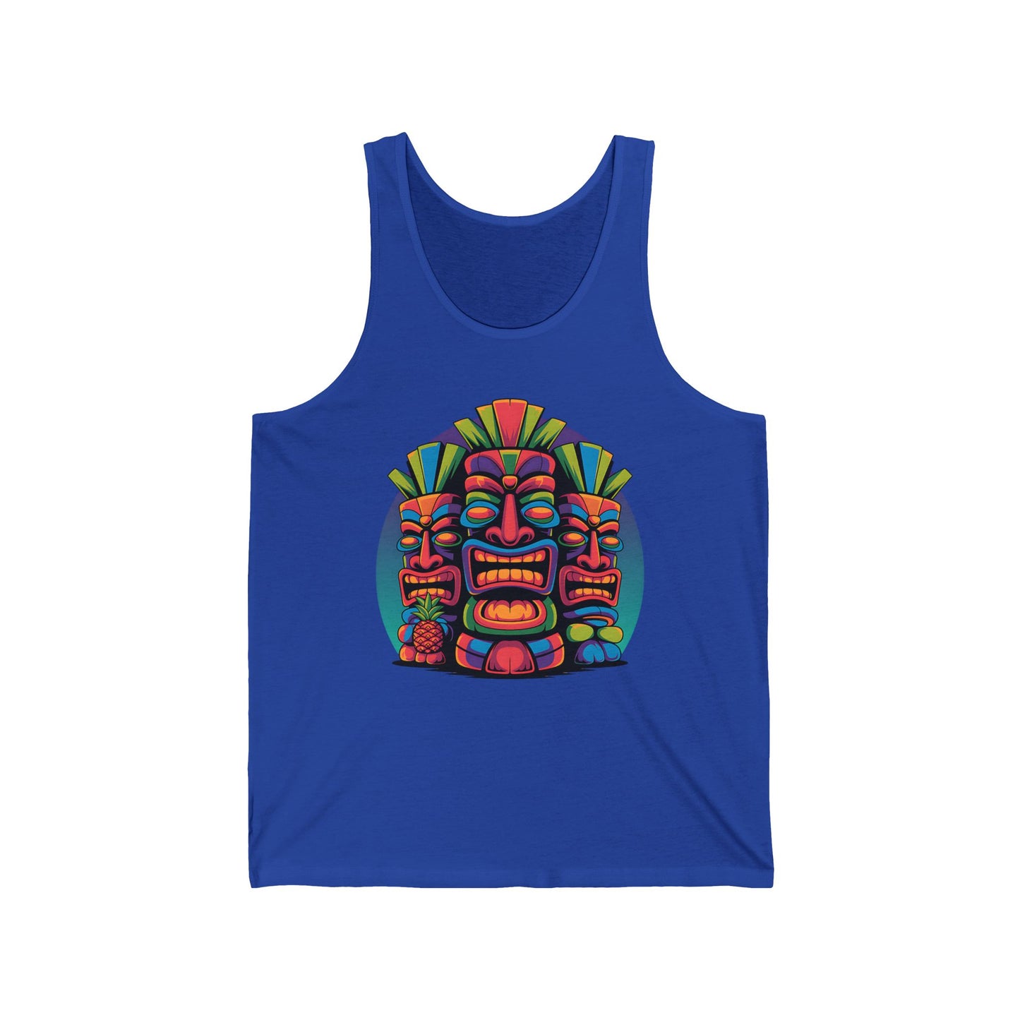 The Tropical Tiki Unisex Jersey Tiki Tank Top for Summer Vibes showcases three vibrant tiki masks with geometric patterns—ideal for summer festivals and beach outings.