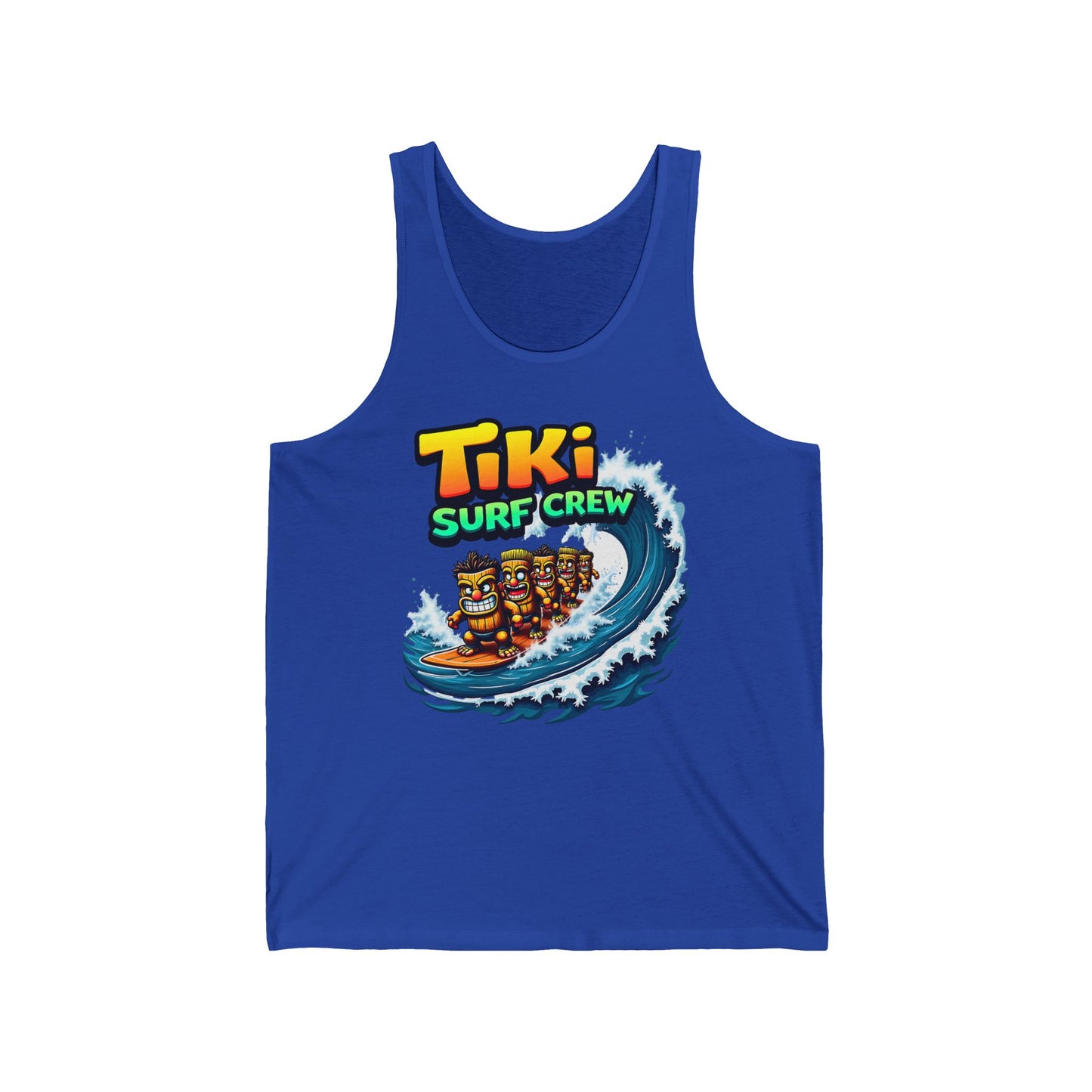 The Tiki Surf Crew Unisex Jersey Tiki Tank Top features four tiki characters on a wave with Tiki Surf Crew in bold yellow and green—ideal graphic apparel for beach days and summer fun.