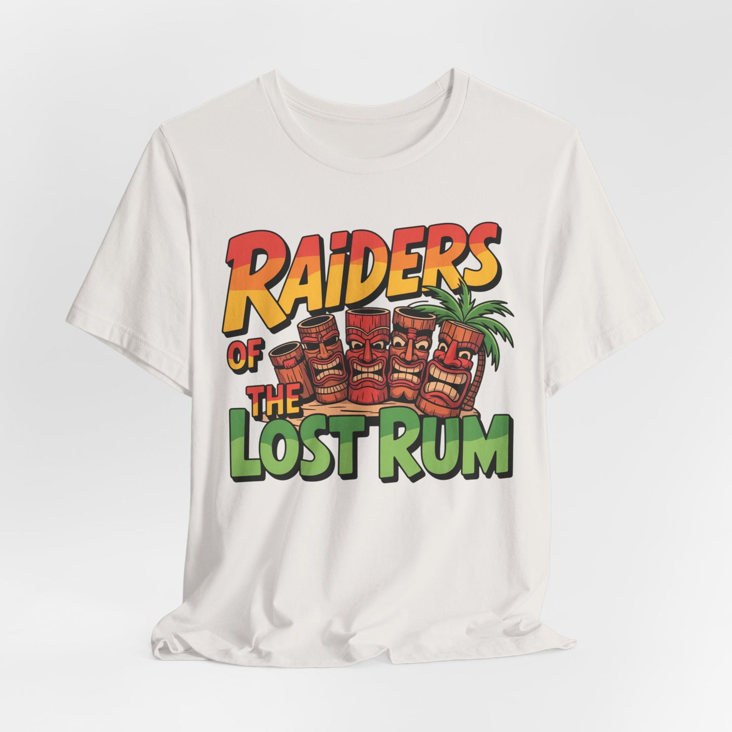 The Tiki T-Shirt - Raiders of the Lost Rum Graphic Tee for Adventure Lovers showcases a vibrant palm tree, tiki mugs, and colorful Raiders of the Lost Rum text—adding tropical flair to any summer festival.