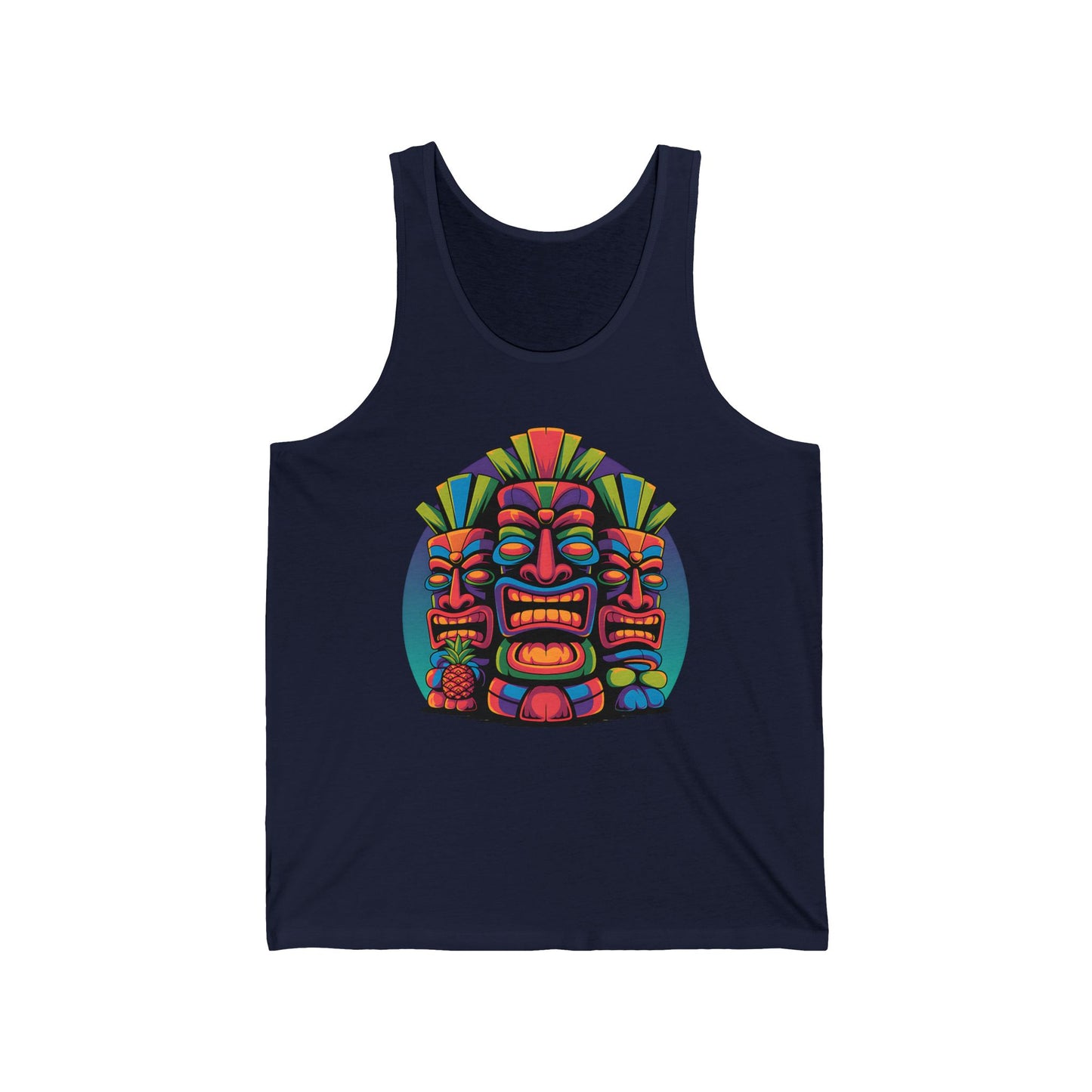 The Tropical Tiki Unisex Jersey Tiki Tank Top for Summer Vibes features a navy blue design with three vibrant tiki masks and colorful geometric accents—ideal for beach outings or summer festivals.