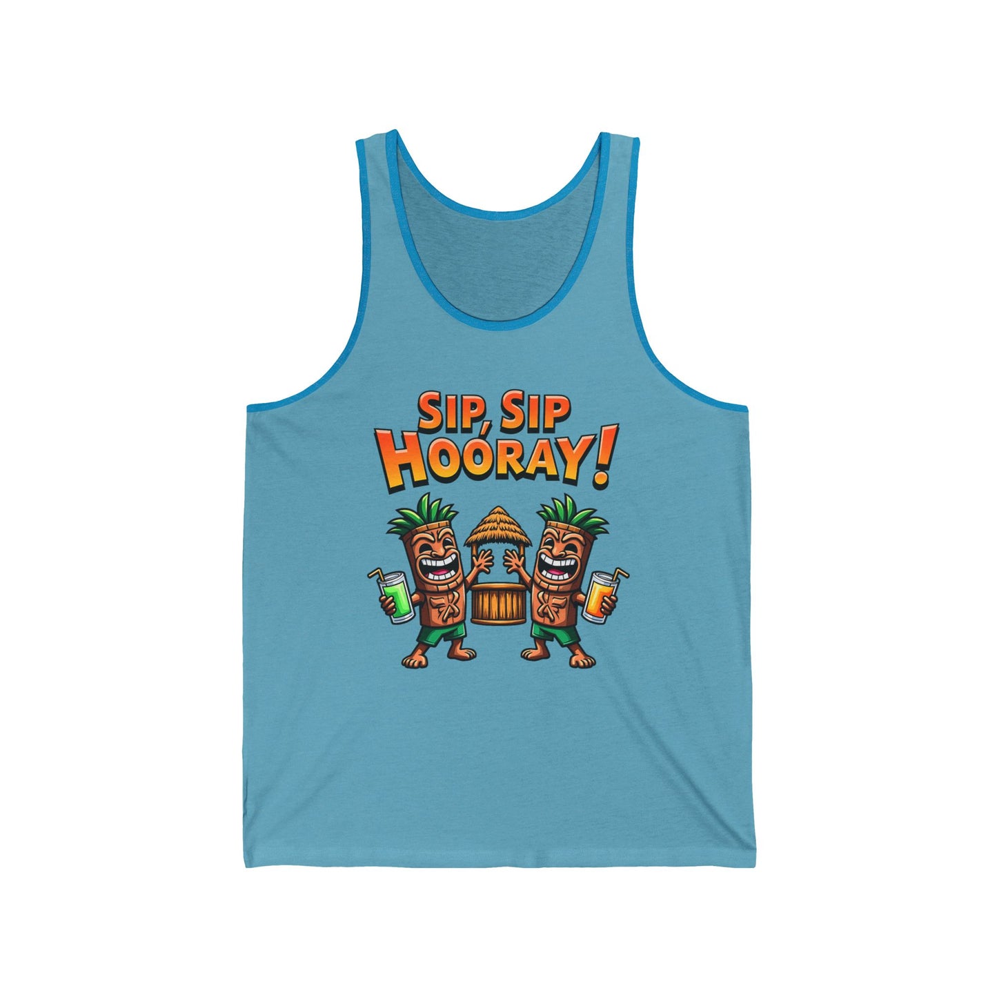 The Sip Sip Hooray! Unisex Jersey Tiki Tank Top features two smiling tiki characters with tropical drinks, a tiki hut backdrop, and bold orange “SIP SIP HOORAY!” text—ideal for summer parties and beach days.