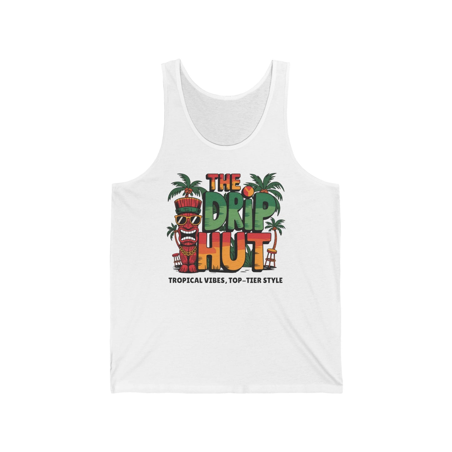 Tropical Vibes Tiki Tank Top by The Drip Hut: a white unisex jersey tank with a colorful tiki, palm trees, and bold logo. Made from breathable fabric—ideal for summer. Smaller text below reads Tropical Vibes, Top-Tier Style.
