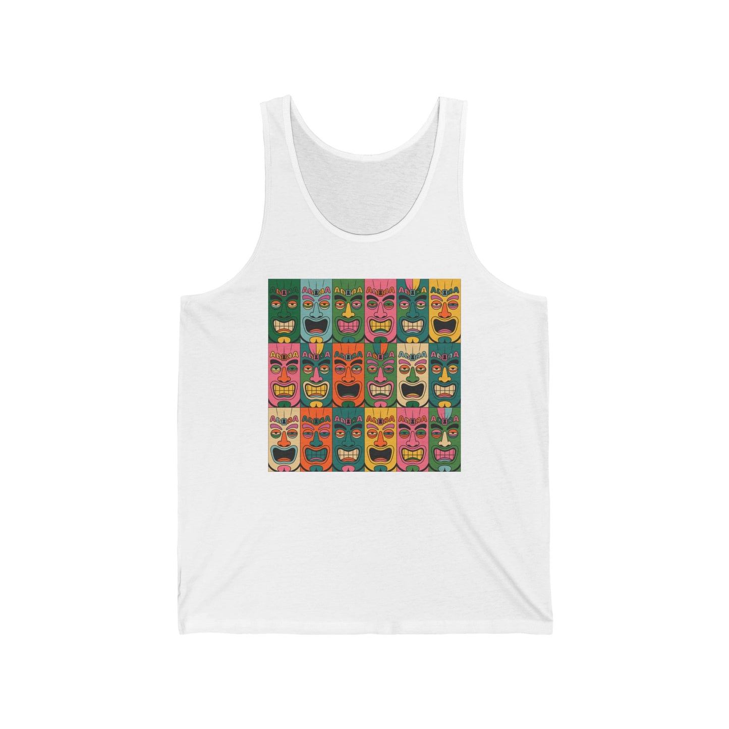 Stay cool in the Tropical Tiki Masks Unisex Jersey Tiki Tank Top—summer-ready with vibrant green, pink, yellow, blue, and orange stylized tiki masks in a colorful grid. Lightweight fabric makes it perfect for any warm-weather gathering.