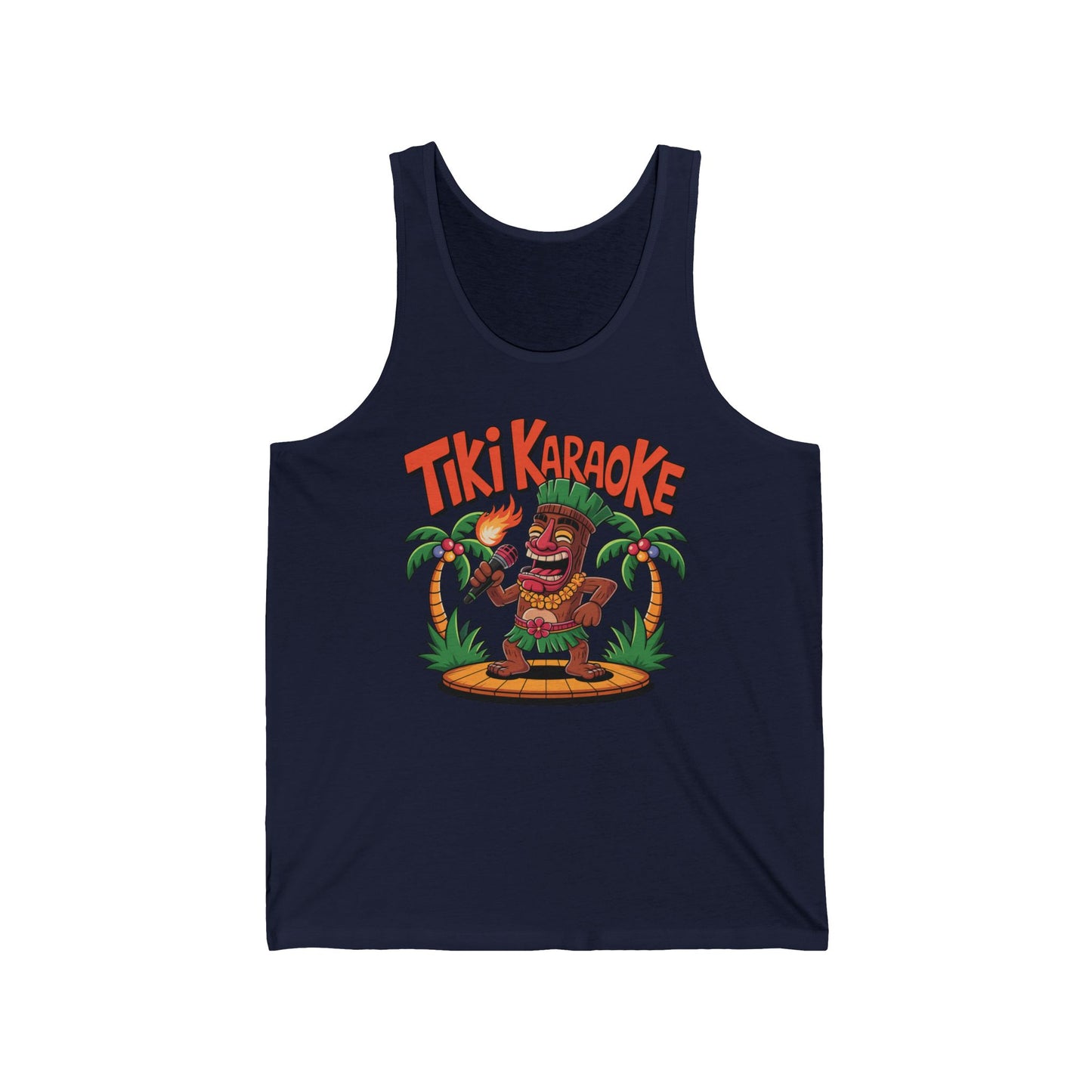 The Tiki Karaoke Unisex Jersey Tiki Tank Top features a vibrant cartoon tiki with a mic and torch, on stage amid palm trees. Bold orange Tiki Karaoke text adds flair. Lightweight fabric brings cool summer comfort to this fun navy top.