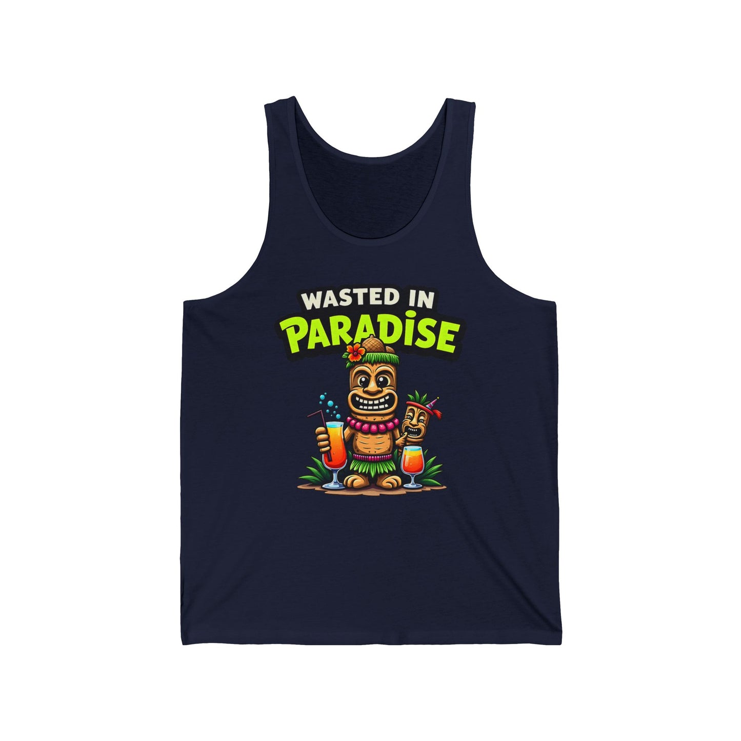 The Wasted in Paradise Unisex Jersey Tiki Tank Top features a vibrant cartoon tiki with drinks and bold text—your perfect fun summer vibe shirt for beach days, parties, and comfortable style.