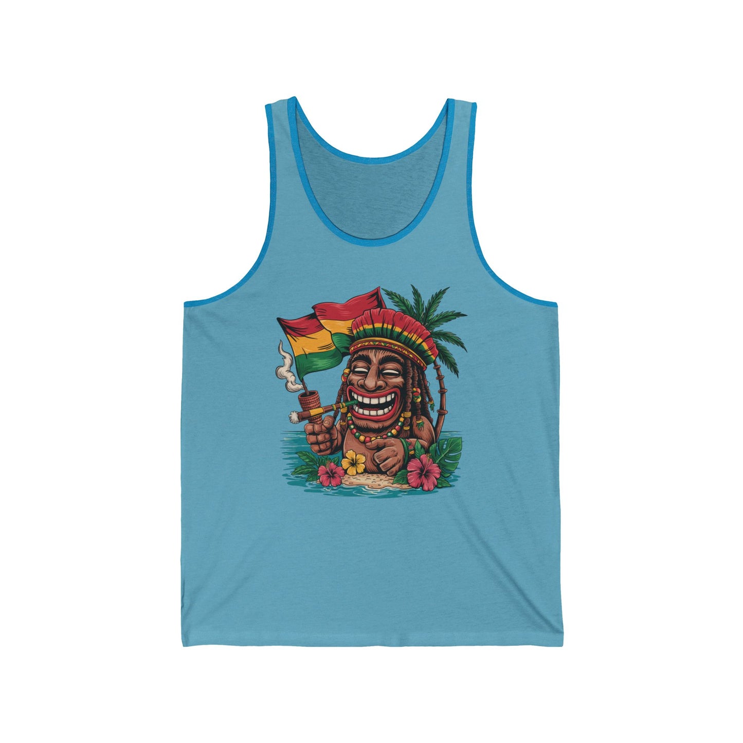 Embrace summer vibes with the Rasta Vibes Unisex Jersey Tiki Tank Top, showcasing a cartoon tiki grinning wide with a smoking pipe and colorful flag, relaxing by a palm tree and flowers—perfect for carefree tropical style.