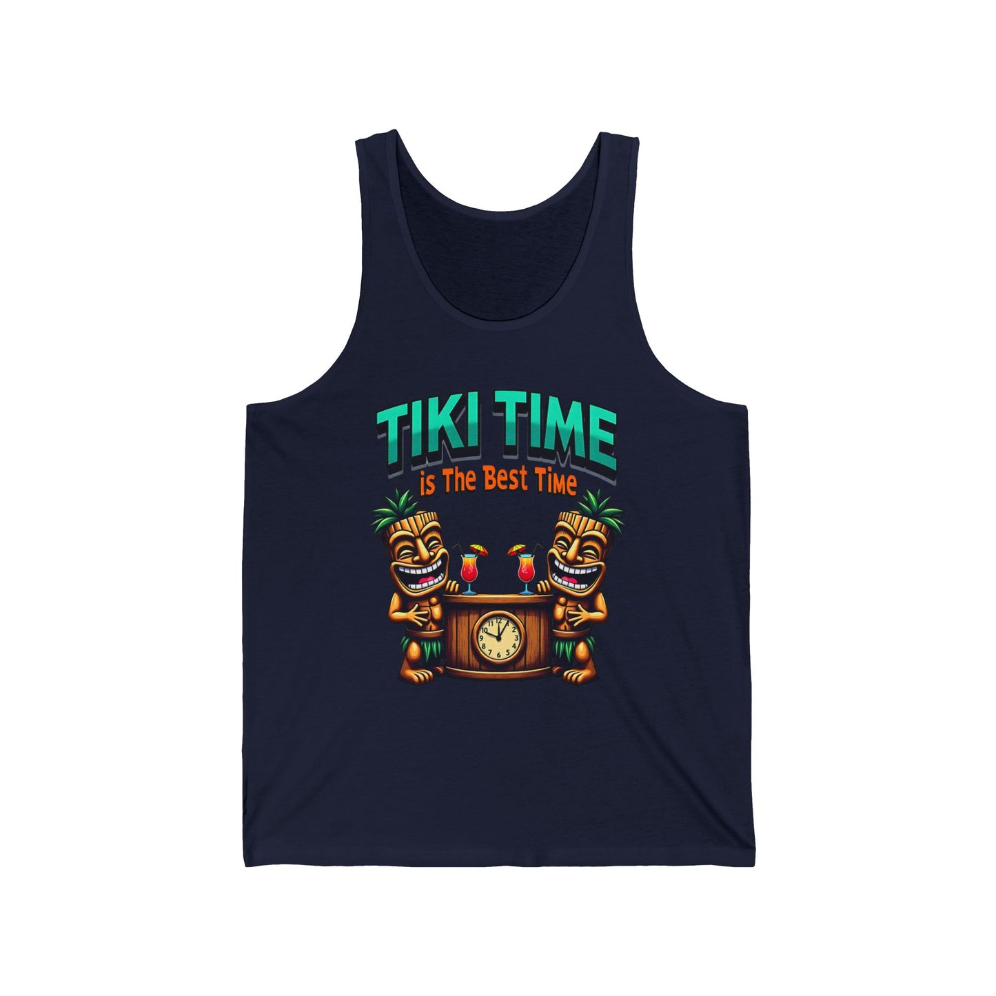 The Tiki Time Unisex Jersey Tiki Tank Top features two smiling tiki statues with a clock and tropical drinks, plus “Tiki Time is The Best Time” above—a colorful, relaxed-fit essential for summer celebrations.