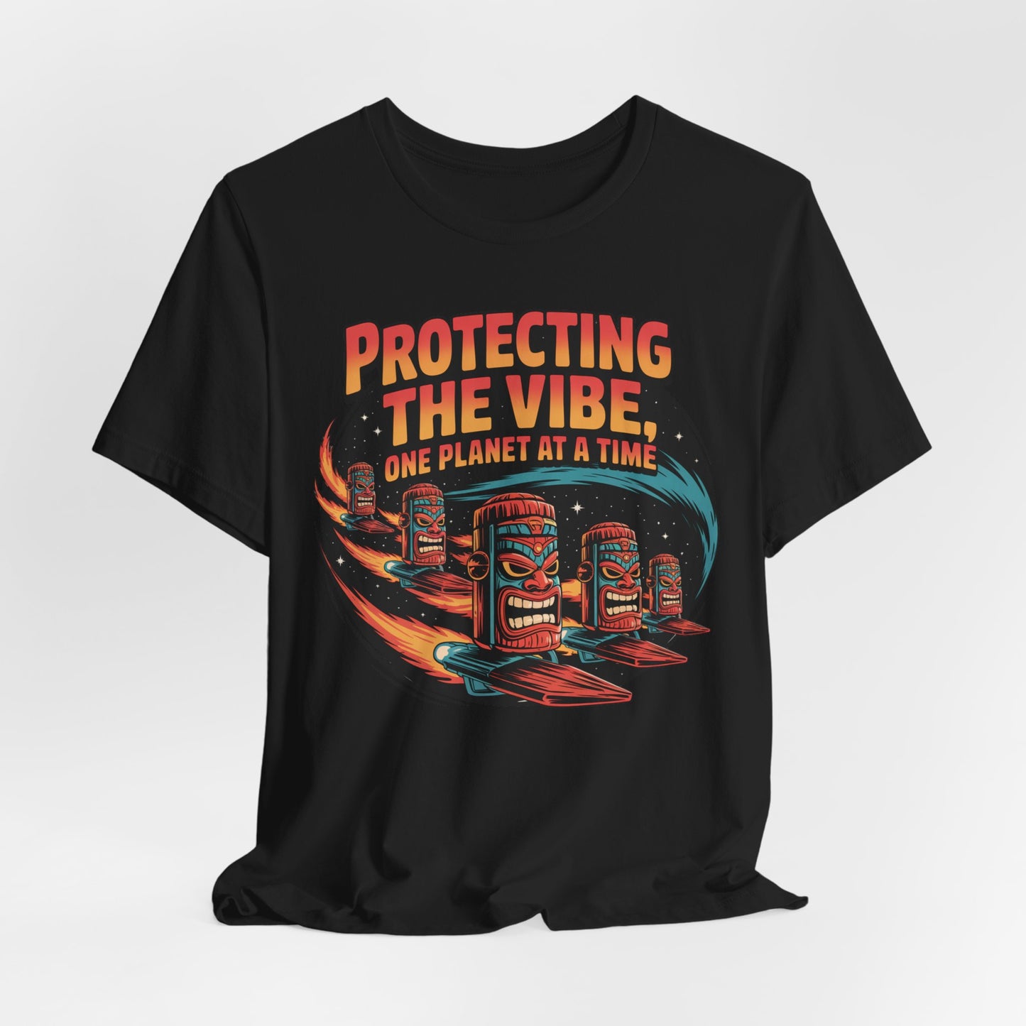 The Protecting the Vibe Unisex Tiki T-Shirt is an eco-friendly black tee with a space-surfing tiki heads design and PROTECTING THE VIBE, ONE PLANET AT A TIME in bold retro text—perfect for eco-conscious style.