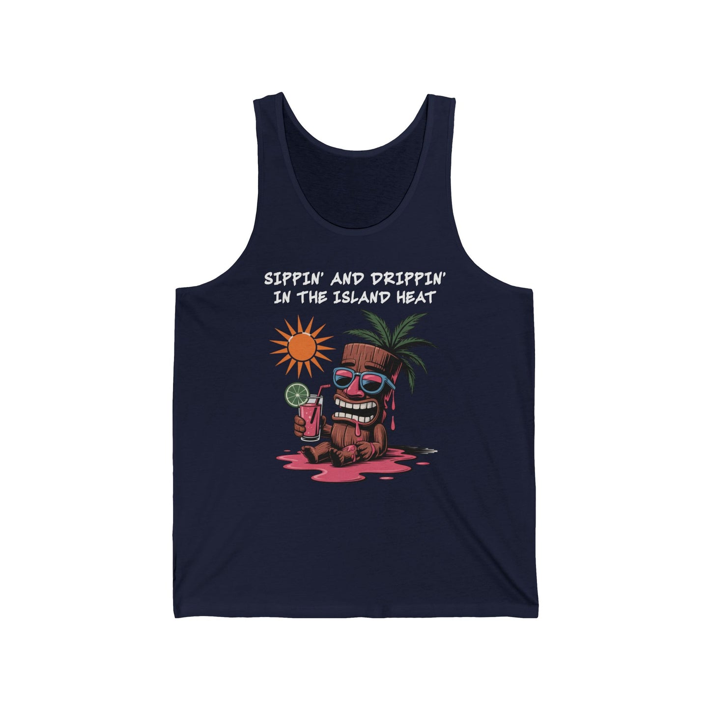 The Tropical Vibes Tank Top - Sippin and Drippin in the Island Heat Unisex features a cartoon tiki statue with sunglasses, melting under the sun and holding a drink—ideal for summer parties and tropical getaways.
