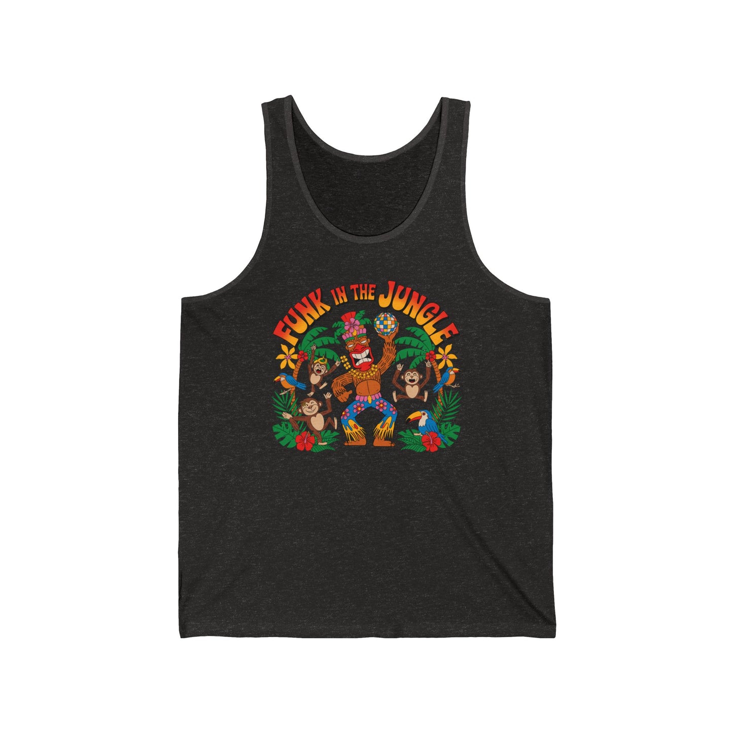 The Funky Jungle Unisex Jersey Tiki Tank Top features a vibrant tropical design with three funky monkeys playing instruments among jungle plants and bold Funk in the Jungle lettering—perfect for summer fun.