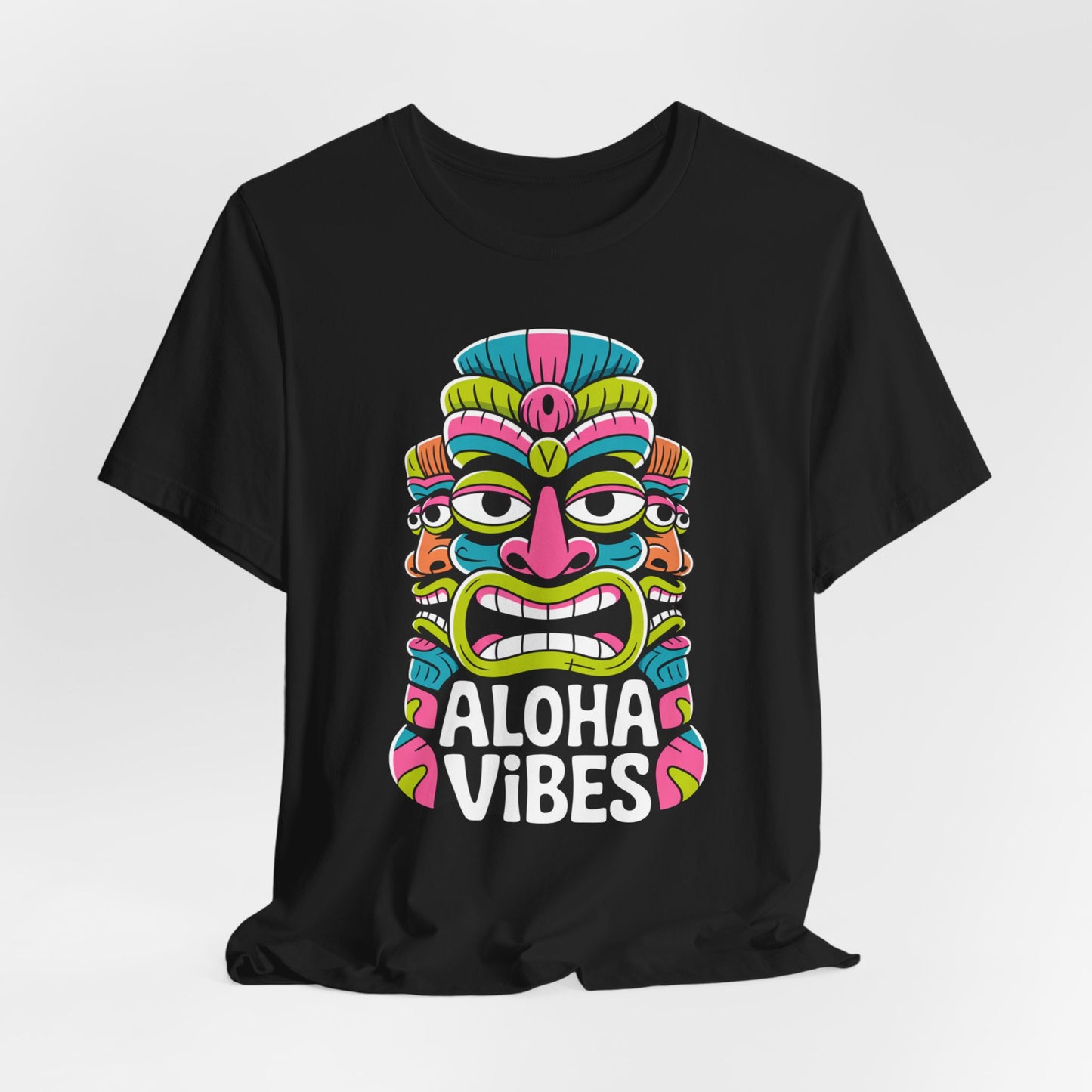 Aloha Vibes Unisex Tiki T-Shirt - Fun Summer Graphic T-Shirt: This black tee features a colorful tiki mask and bold “ALOHA VIBES,” perfect for anyone seeking adventure or relaxation.