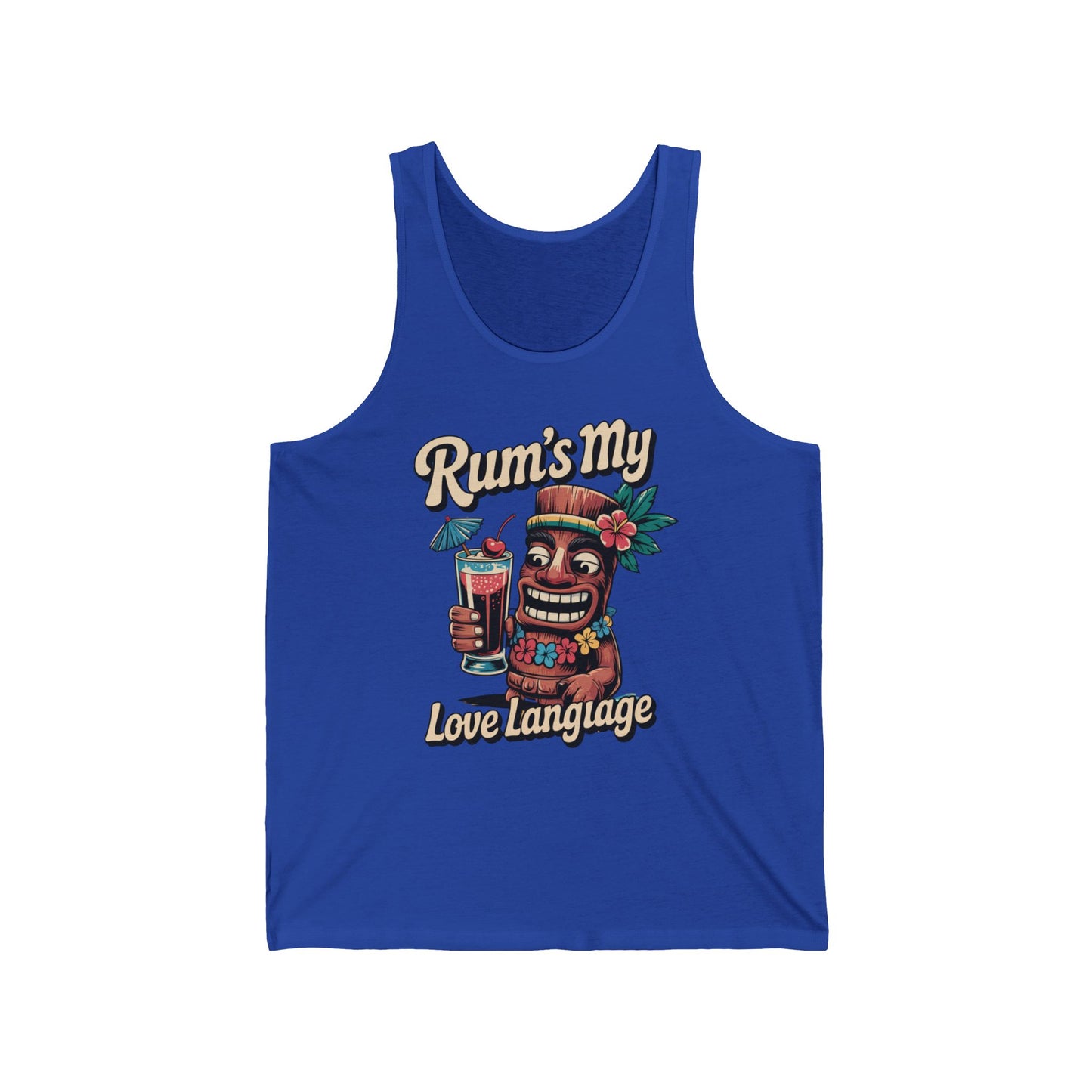 The Tropical Tiki Tank - Rums My Love Language Unisex Jersey Tank features lightweight fabric, a smiling tiki with a rum cocktail, and bold Rum’s my love language text for a fun, versatile look.