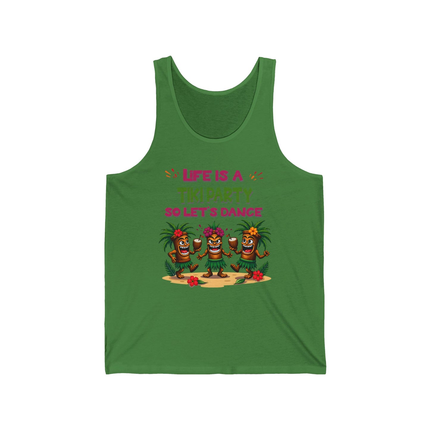 The Tiki Party Tank - Unisex Jersey Sleeveless Tiki Tank Top for Summer Fun & Celebrations features three dancing tikis, palm trees, and flowers with “Life is a Tiki Party So Let’s Dance”—a perfect pick for summer gatherings.