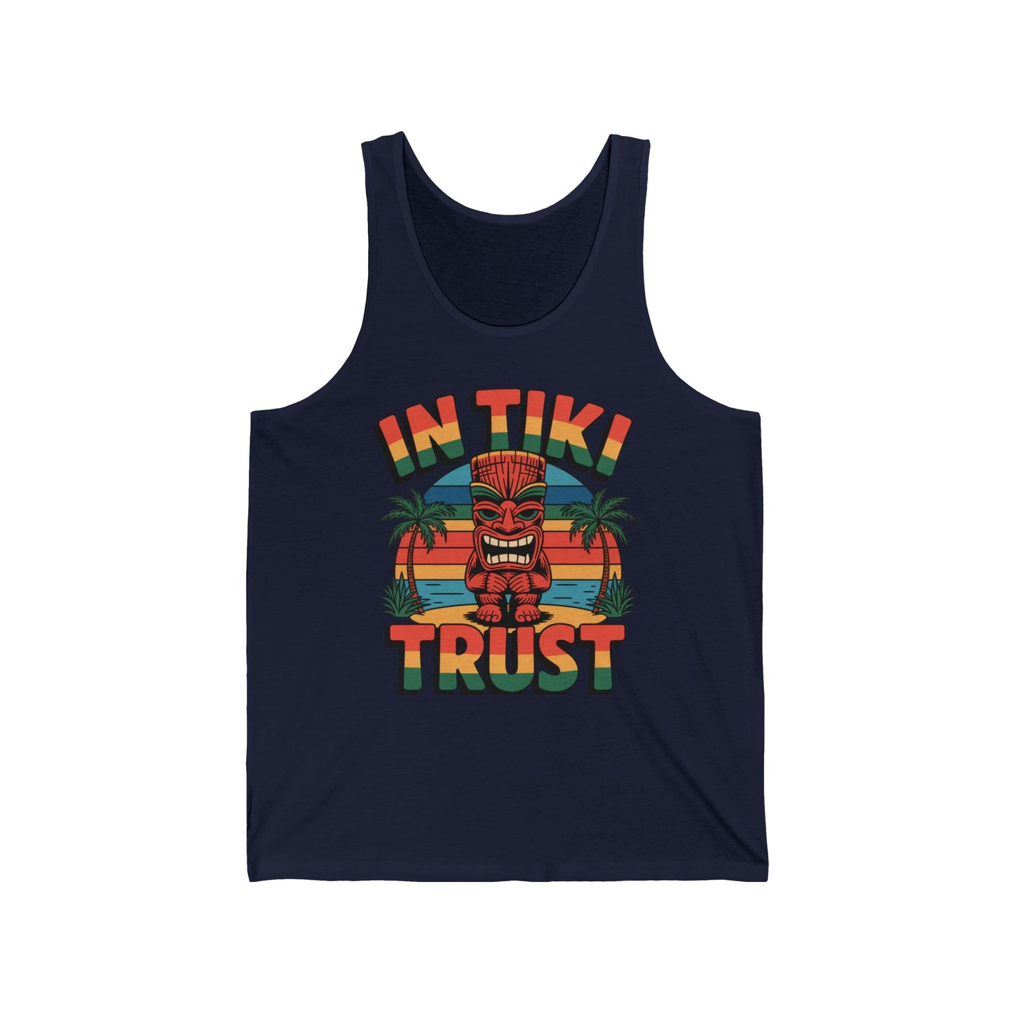 The Tiki Trust Tank is ideal for beach days or casual hangouts, showcasing a navy blue design with a vibrant tiki statue, palm trees, and sunset. Retro-style IN TIKI TRUST text frames the colorful graphic.