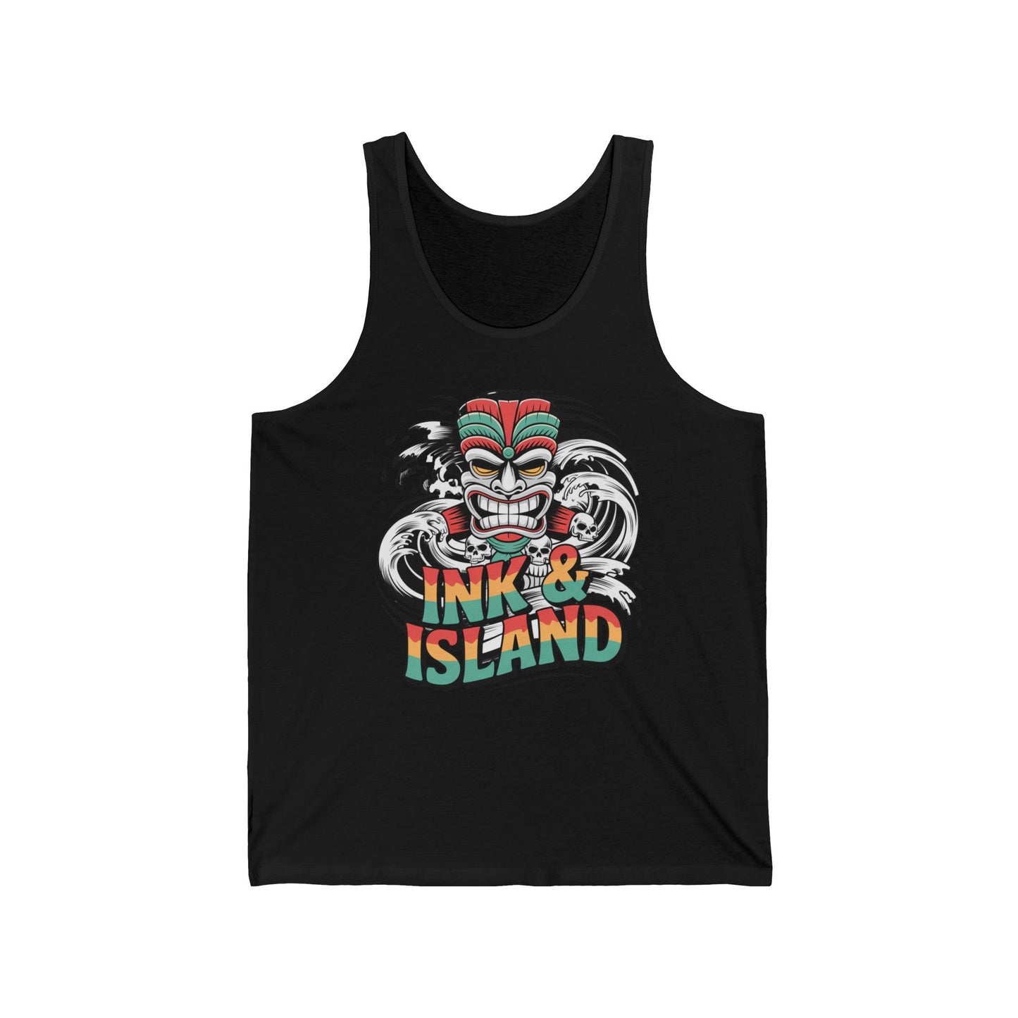 The Tropical Ink & Island Unisex Jersey Tiki Tank Top for Beach Vibes features a vibrant tiki mask above waves, plus bold INK & ISLAND text in red, orange, yellow, and teal—a breathable must-have for your summer wardrobe.