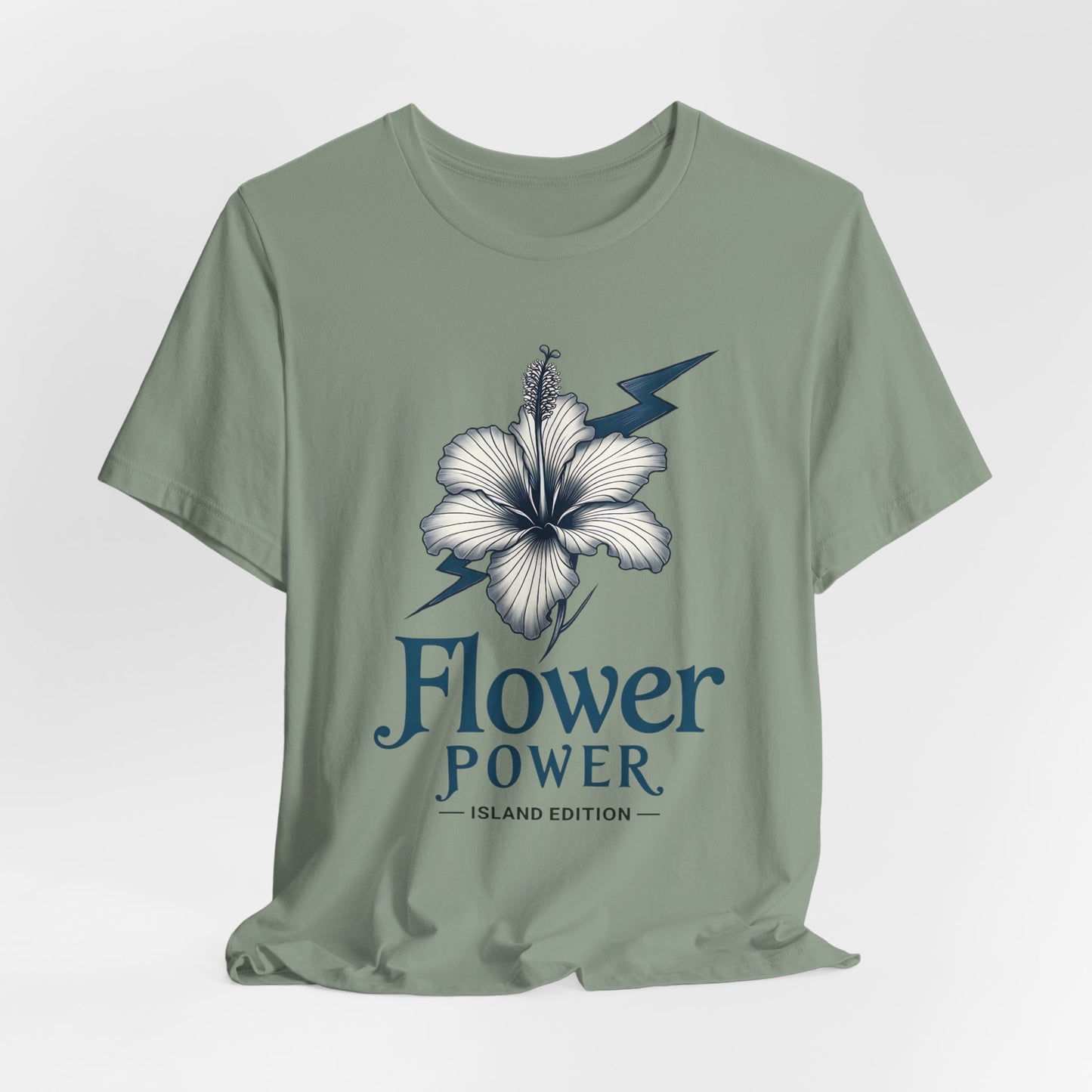 The Flower Power Graphic T-Shirt - Unisex Jersey Short Sleeve T-Shirt in light green features a bold hibiscus with a lightning bolt and Flower Power Island Edition text—ideal for relaxed, island-inspired style.