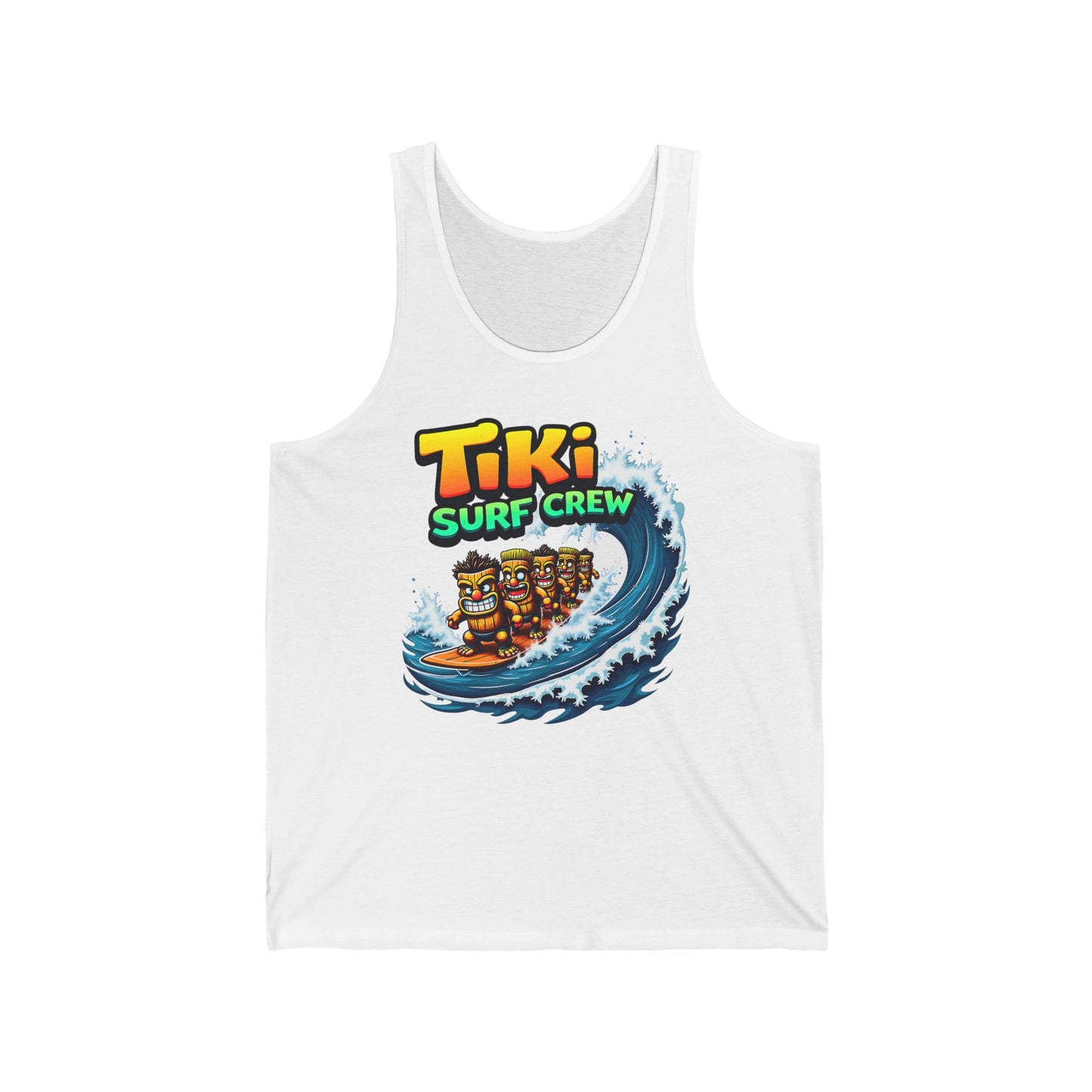 The Tiki Surf Crew Unisex Jersey Tiki Tank Top features surf-inspired tiki characters riding a blue wave with bold “Tiki Surf Crew” text—perfect vibrant apparel for beach days and summer fun.