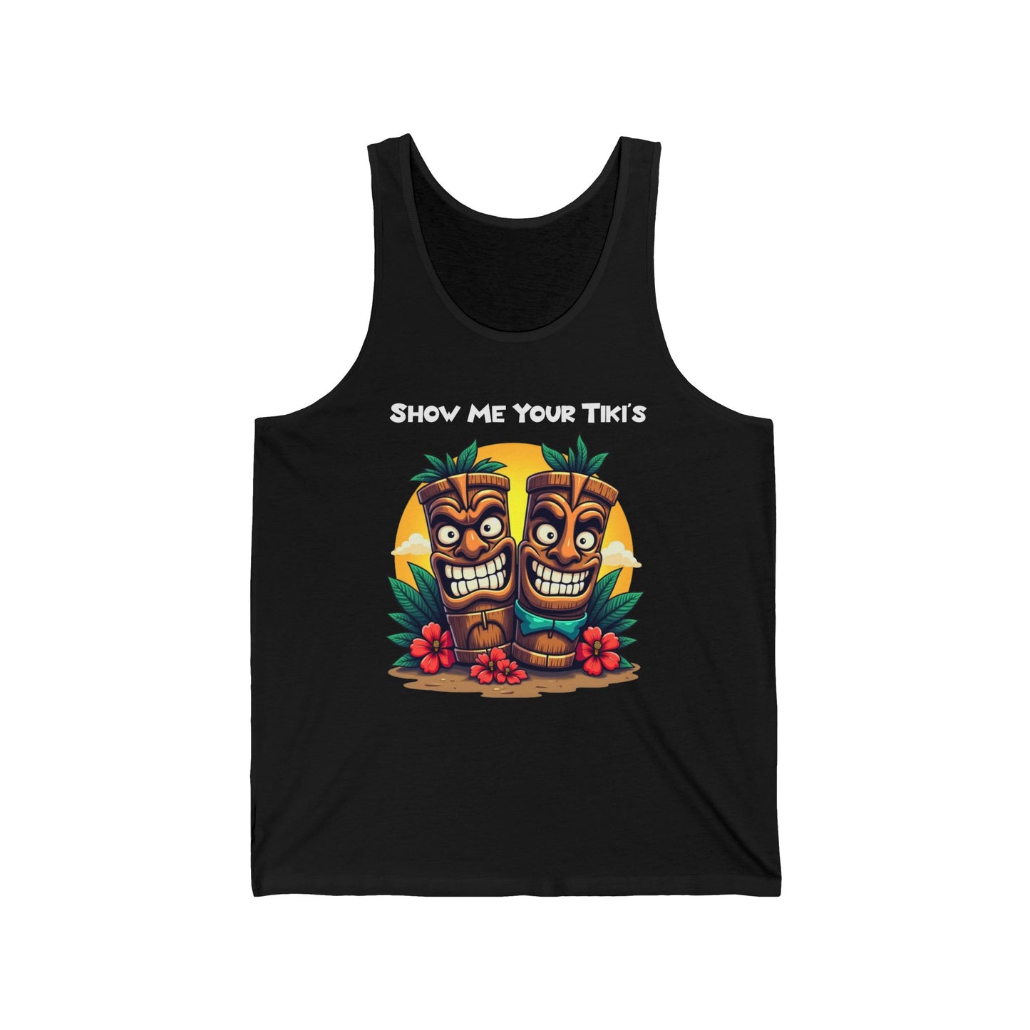 The Show Me Your Tikis- Tiki Tank Top for Summer Vibes features two colorful smiling tiki faces, tropical leaves, and red hibiscus on a black unisex jersey. Lightweight fabric with SHOW ME YOUR TIKIS in white text—perfect for summer gatherings.