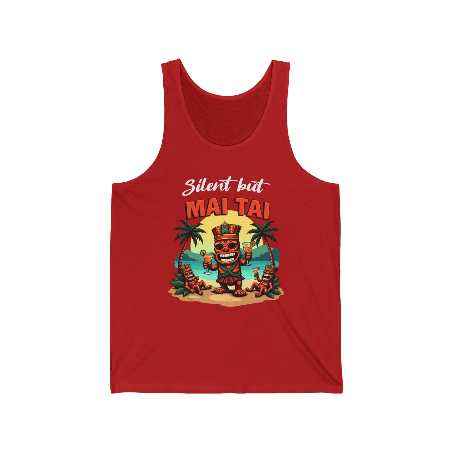The Silent but Mai Tai Unisex Jersey Tiki Tank Top showcases a tiki character with a drink on a tropical beach, palm trees, and vibrant text—ideal for summer parties or luaus.