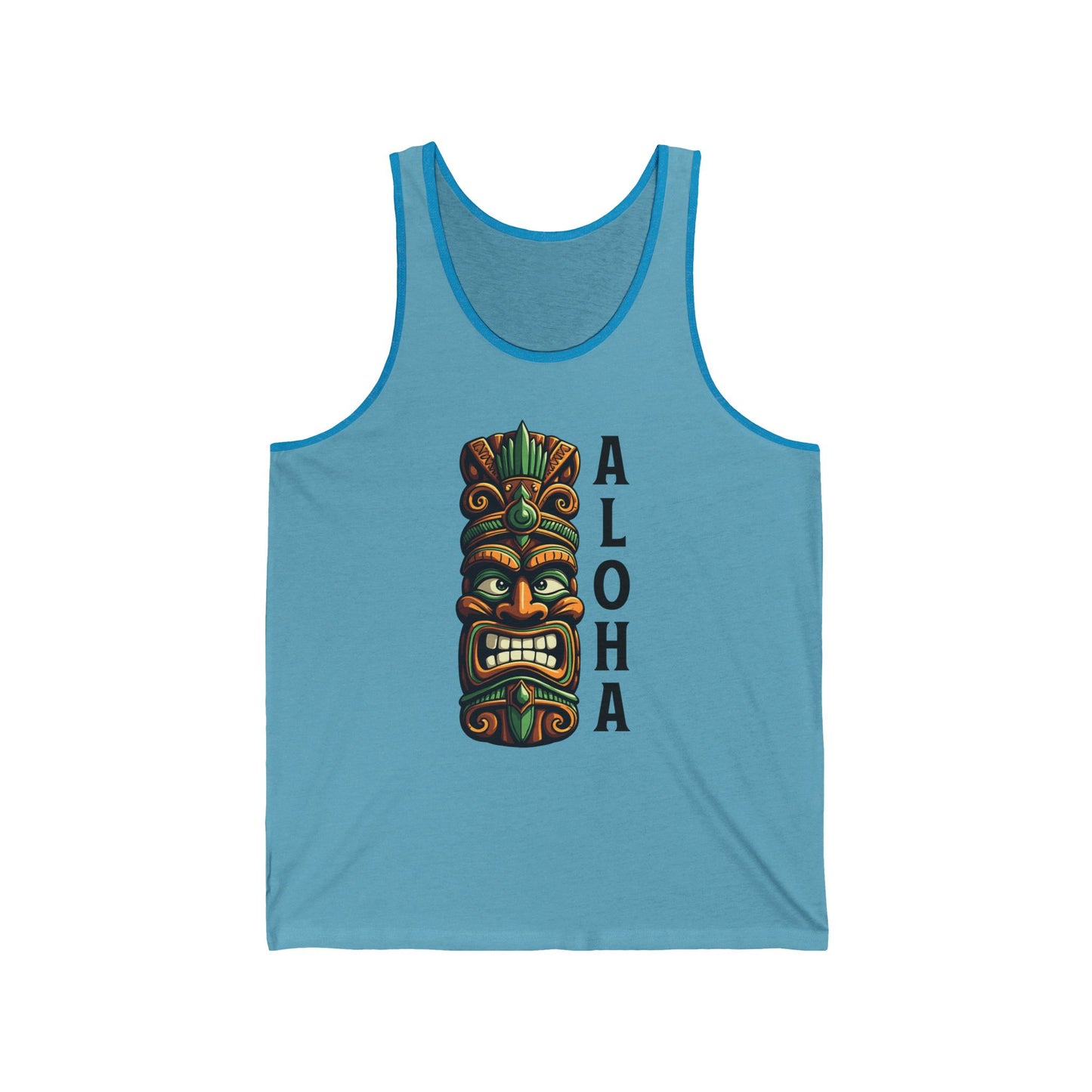 The Aloha Tiki Tank Top - Unisex Jersey Tank features a vibrant Hawaiian design with a colorful tiki mask graphic and bold vertical ALOHA text, perfect for tropical vibes and classic island style.