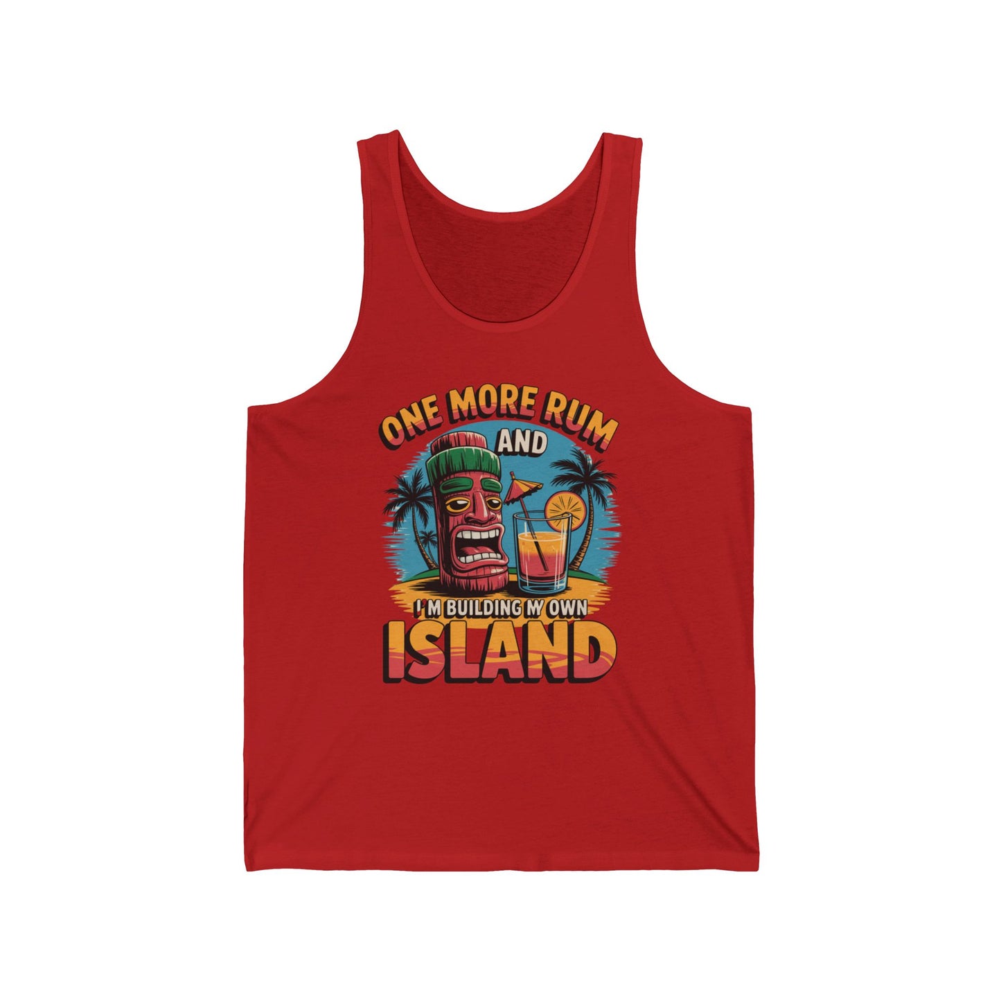 The Tropical Building My Own Island Tank Top is a red unisex jersey with a tiki face, palm trees, cocktail, and “One more rum and Im building my own island”—lightweight for all-day comfort at summer vacations and beach parties.