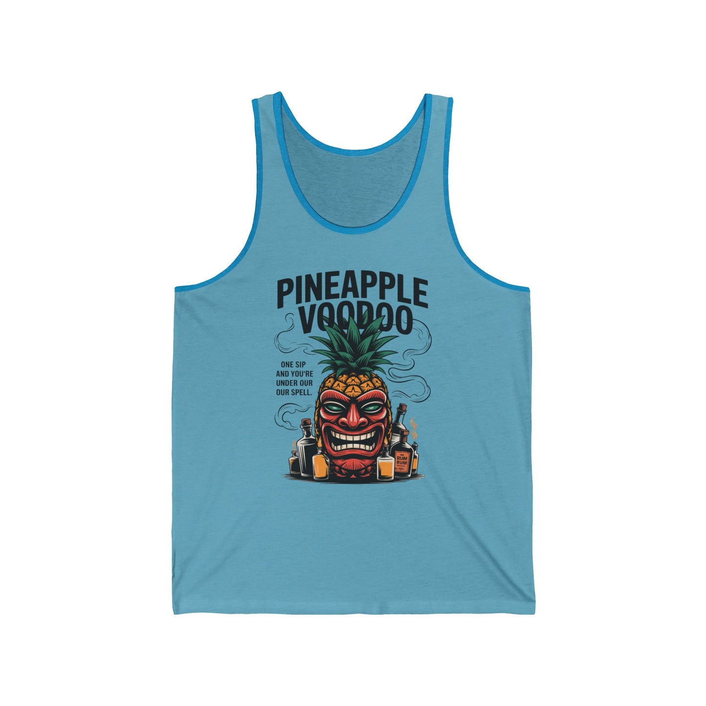 The Pineapple Voodoo Unisex Jersey Tank features a blue color, bold tiki pineapple graphic with bottles, and the phrases PINEAPPLE VOODOO and ONE SIP AND YOU’RE UNDER OUR SPELL”—ideal for beach parties or summer luaus.