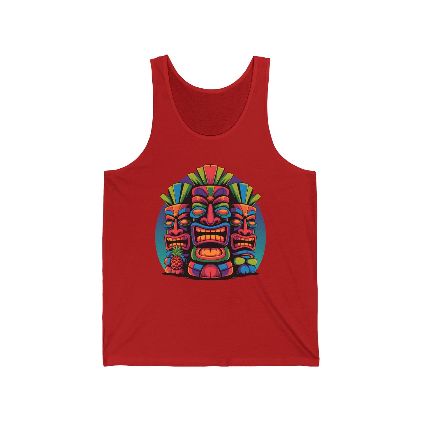 The Tropical Tiki Unisex Jersey Tiki Tank Top for Summer Vibes in red features bold geometric graphics of three colorful tribal masks in green, yellow, blue, pink, and orange—perfect for the beach or summer festivals.