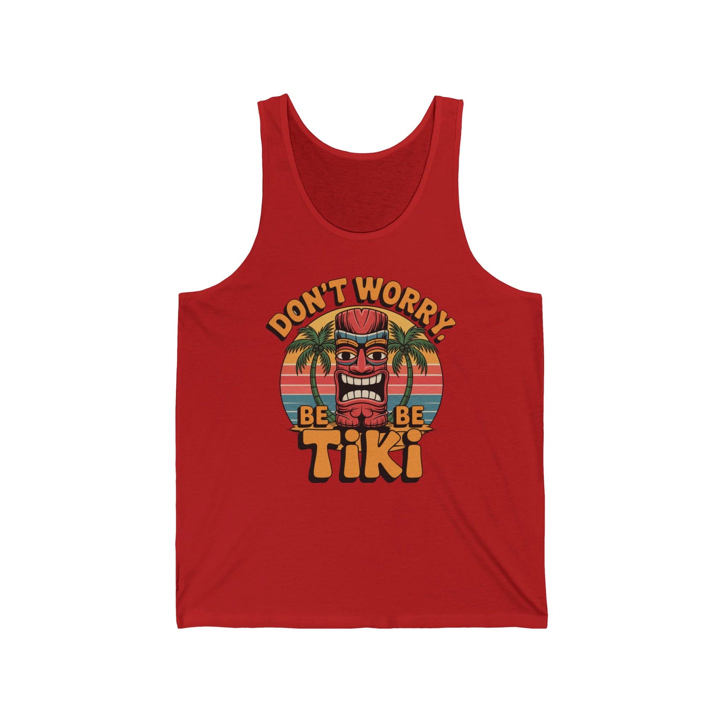 The Tiki Vibe Tank Top showcases a vibrant tiki face, palm trees, and sunset, with “DON’T WORRY BE BE TIKI” in bold yellow-orange—perfect for bringing playful island vibes and celebrating beach culture.