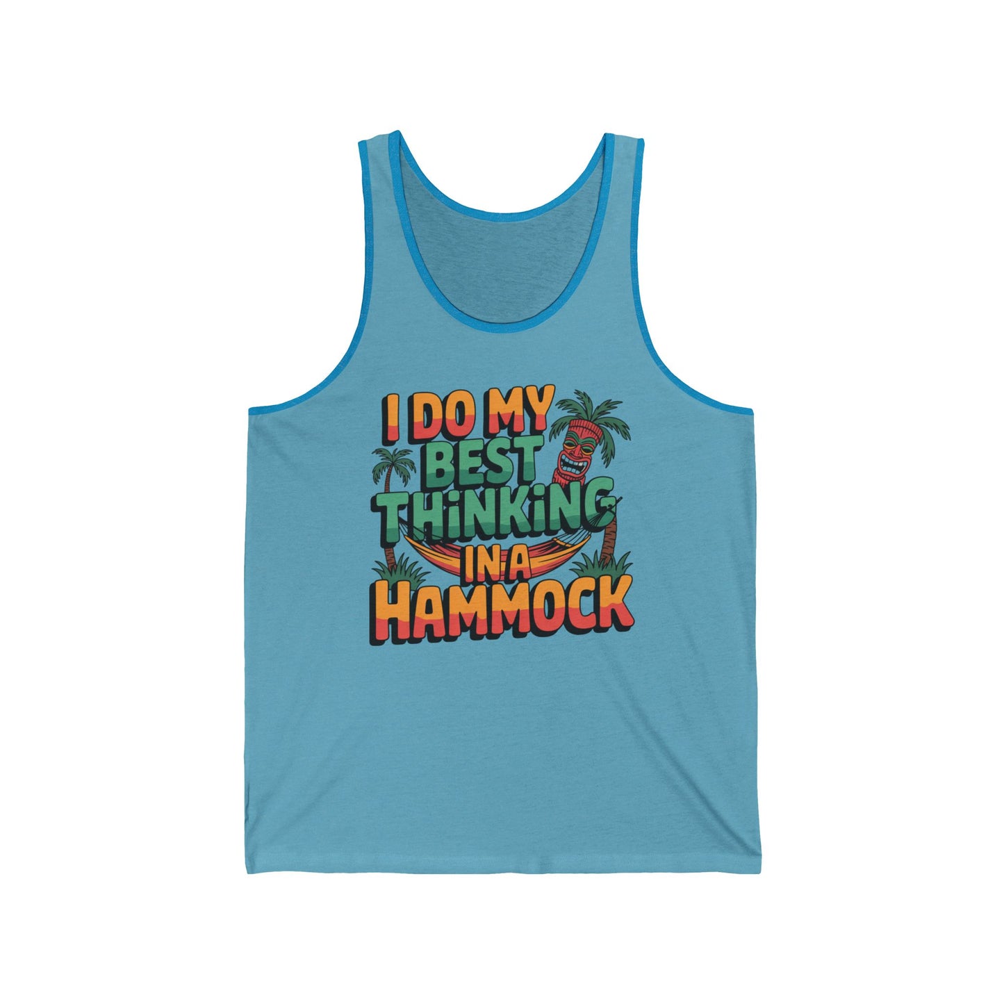 The Tiki Tank Top - Relaxed Tropical Vibe features a light blue design with colorful I do my best thinking in a hammock text, palm trees, leaves, and a red hammock—perfect for your next tropical getaway.