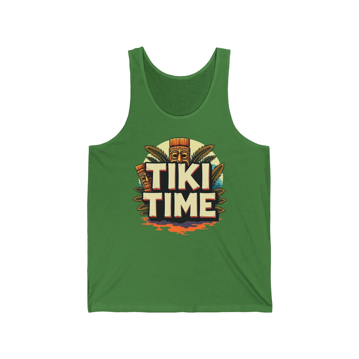 The Tiki Time Unisex Jersey Tiki Tank Top is perfect for summer vibes and tropical celebrations, featuring a colorful tiki mask with palm leaves and bold TIKI TIME text—great for casual wear with a fun retro touch.
