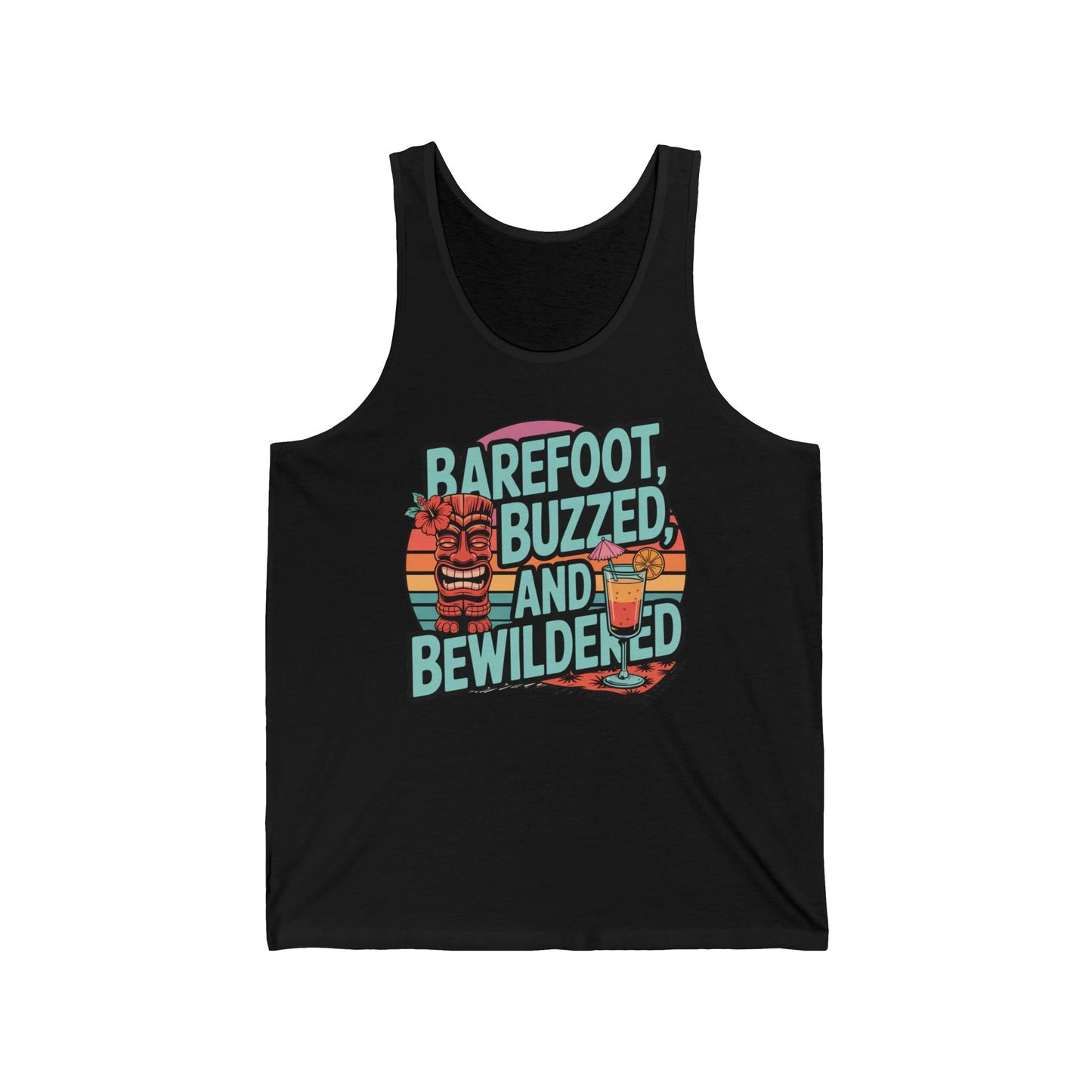 The Summer Vibes Unisex Tank Top features a black design with a relaxed tiger, cocktail glass, and bold Barefoot, Buzzed, and Bewildered text over a retro sunset—perfect beachwear for anyone.