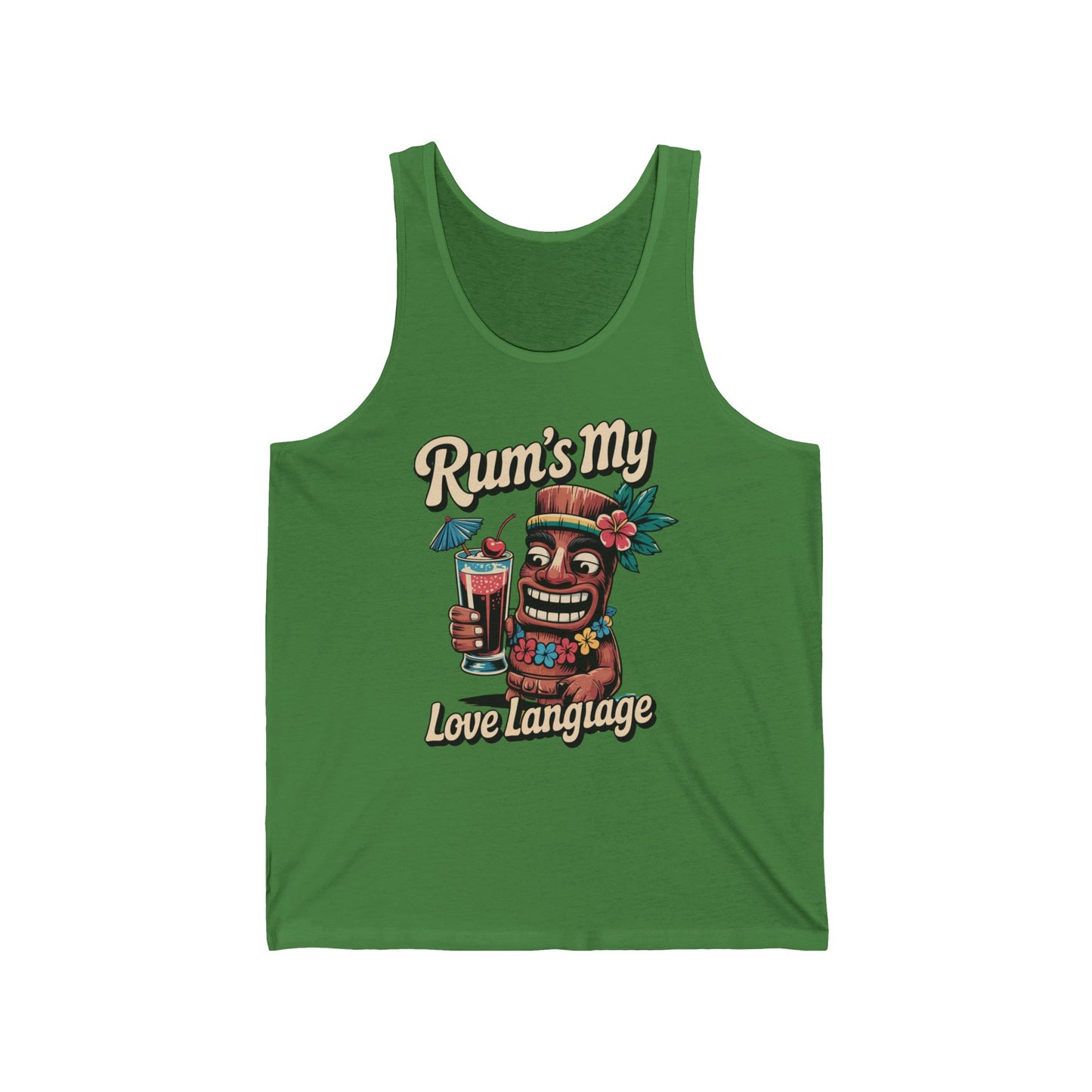 The Tropical Tiki Tank - Rums My Love Language Unisex Jersey Tank features a smiling tiki with a rum cocktail. Made from lightweight fabric, it’s playful and versatile, with “Rums My Love Language” printed above and below the design.
